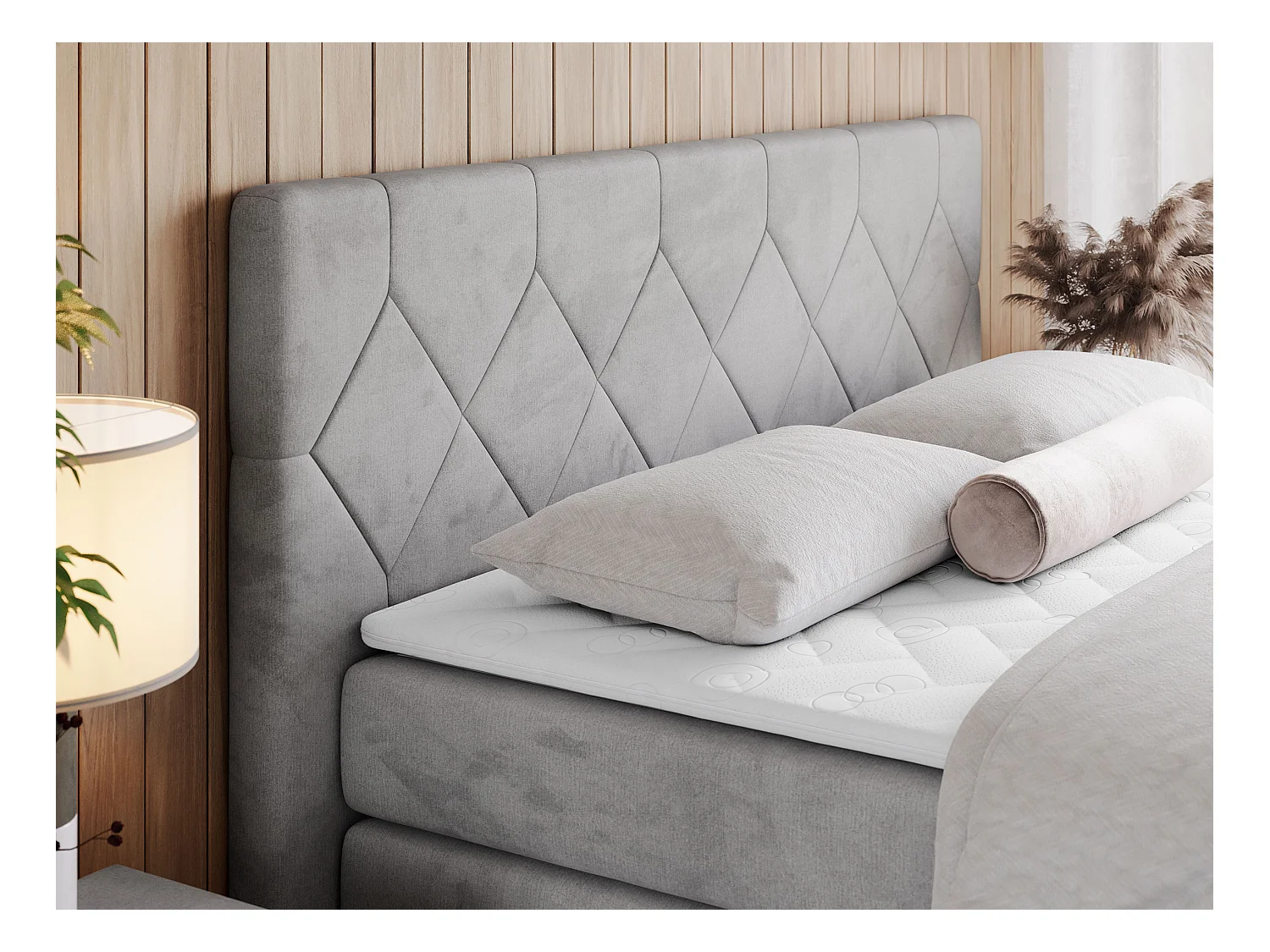 Boxspringbett EIGAR KING - Doppelbett mit genähtem Kopfteil, zwei Multipocket-Matratzen, Polsterbett für Schlafzimmer - 160x200 cm - H3 - Hellgrau Velvet