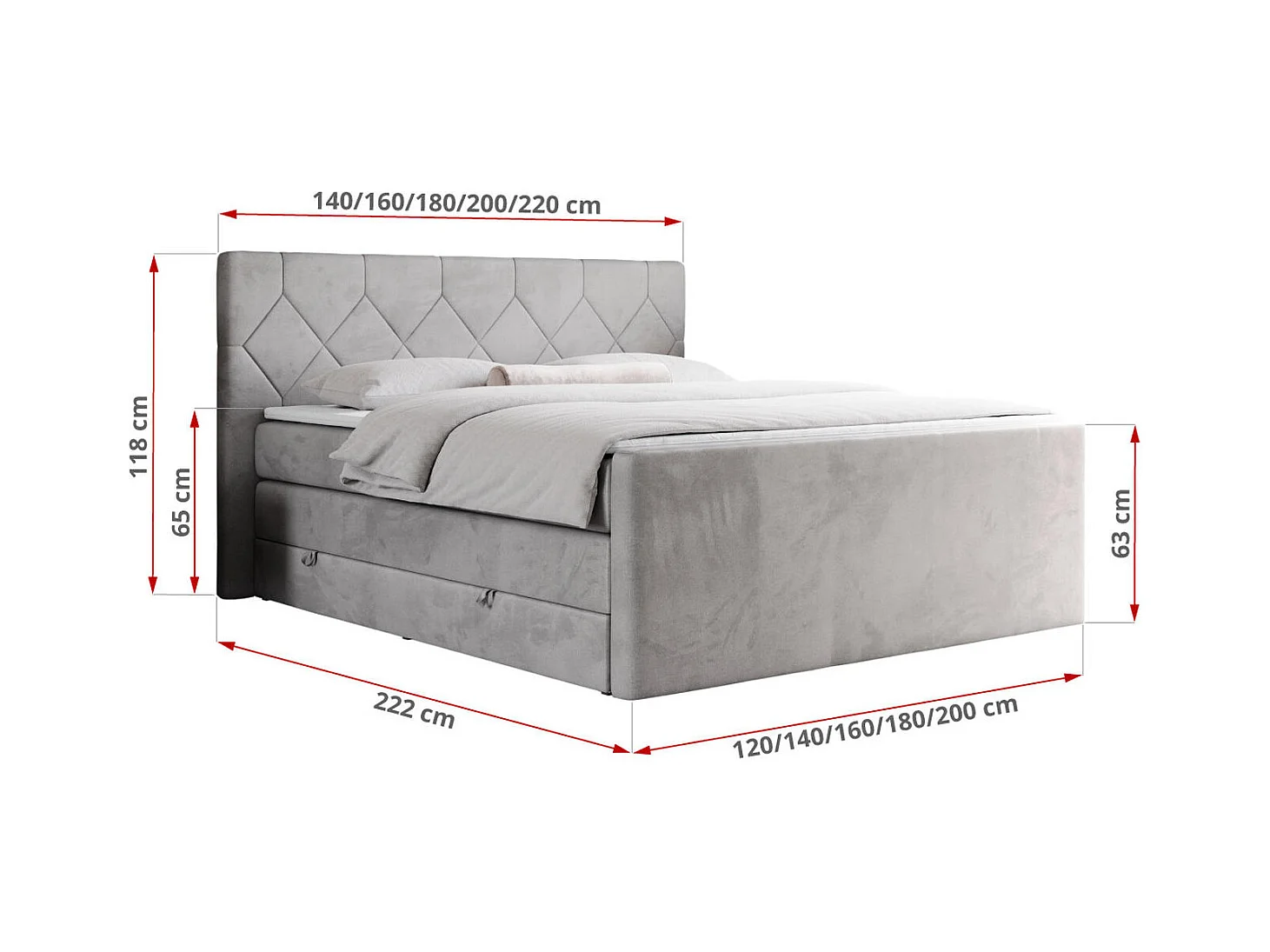 Boxspringbett EIGAR KING - Doppelbett mit genähtem Kopfteil, zwei Multipocket-Matratzen, Polsterbett für Schlafzimmer - 160x200 cm - H3 - Hellgrau Velvet