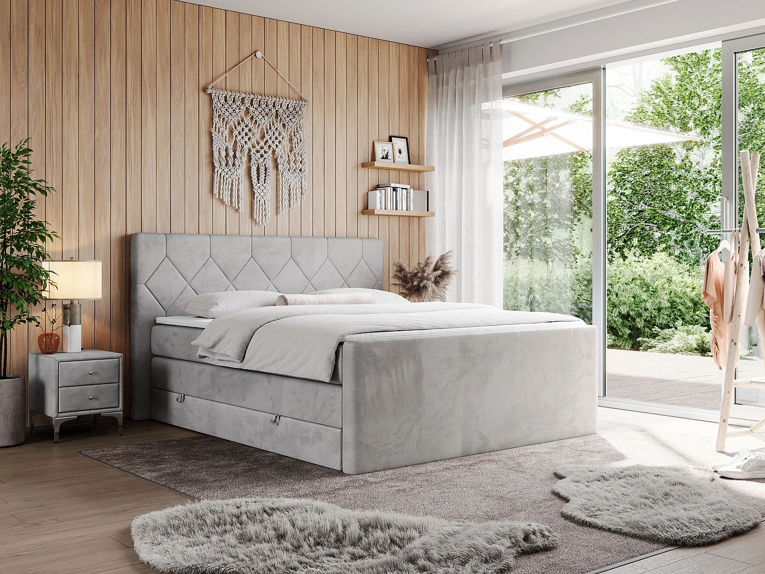 Boxspringbett EIGAR KING - Doppelbett mit genähtem Kopfteil, zwei Multipocket-Matratzen, Polsterbett für Schlafzimmer - 160x200 cm - H3 - Hellgrau Velvet