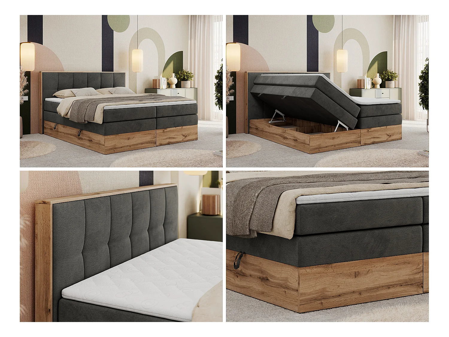 Boxspringbett ALBERO 1 KING - zwei 7 Härtezonen Multipocket-Matratzen, Doppelbett mit Stauraum, Eiche Wotan Holzrahmen - 160x200 cm - H4 - Dunkelgrau Velvet