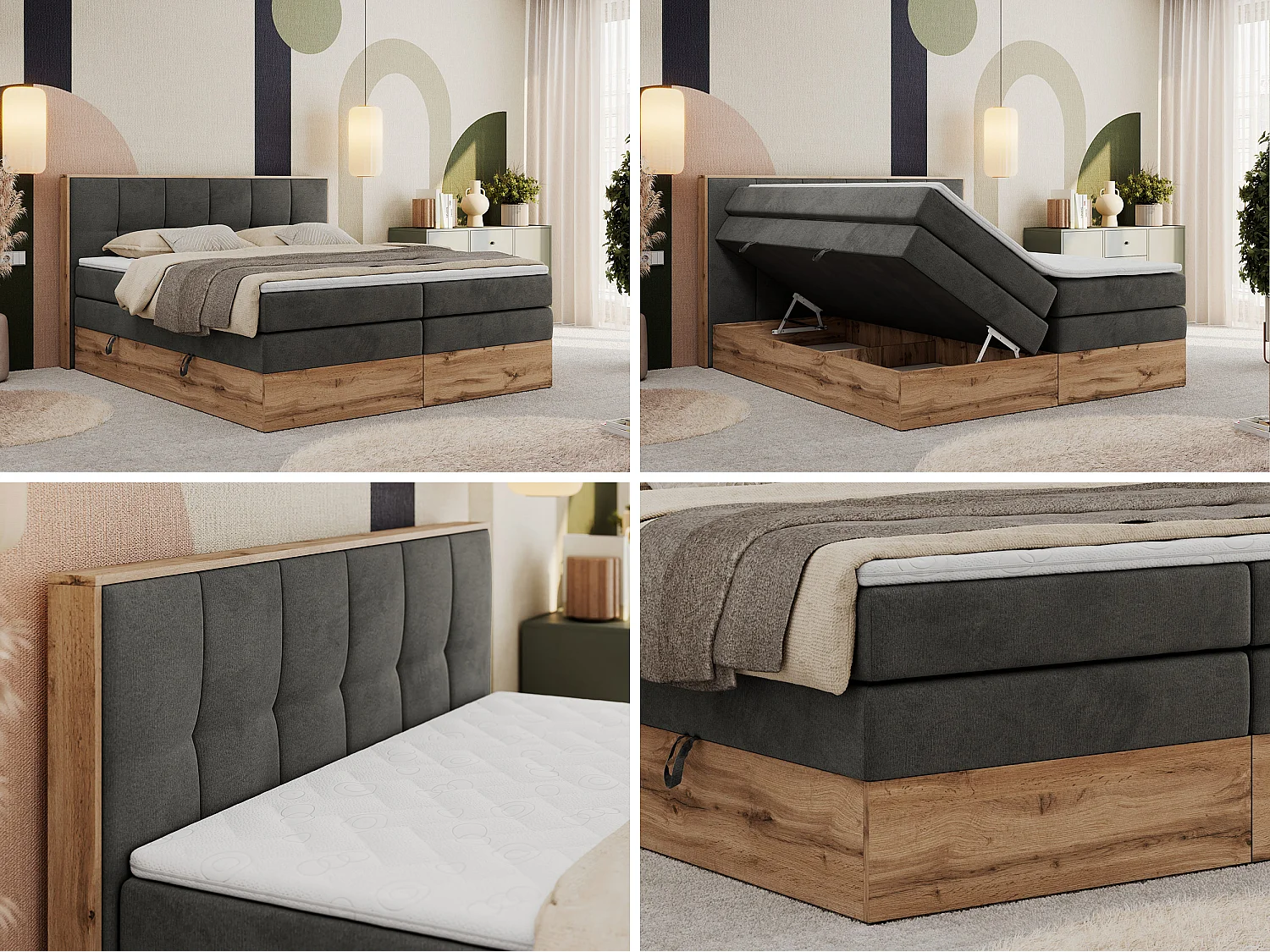 Boxspringbett ALBERO 1 KING - zwei 7 Härtezonen Multipocket-Matratzen, Doppelbett mit Stauraum, Eiche Wotan Holzrahmen - 160x200 cm - H4 - Dunkelgrau Velvet