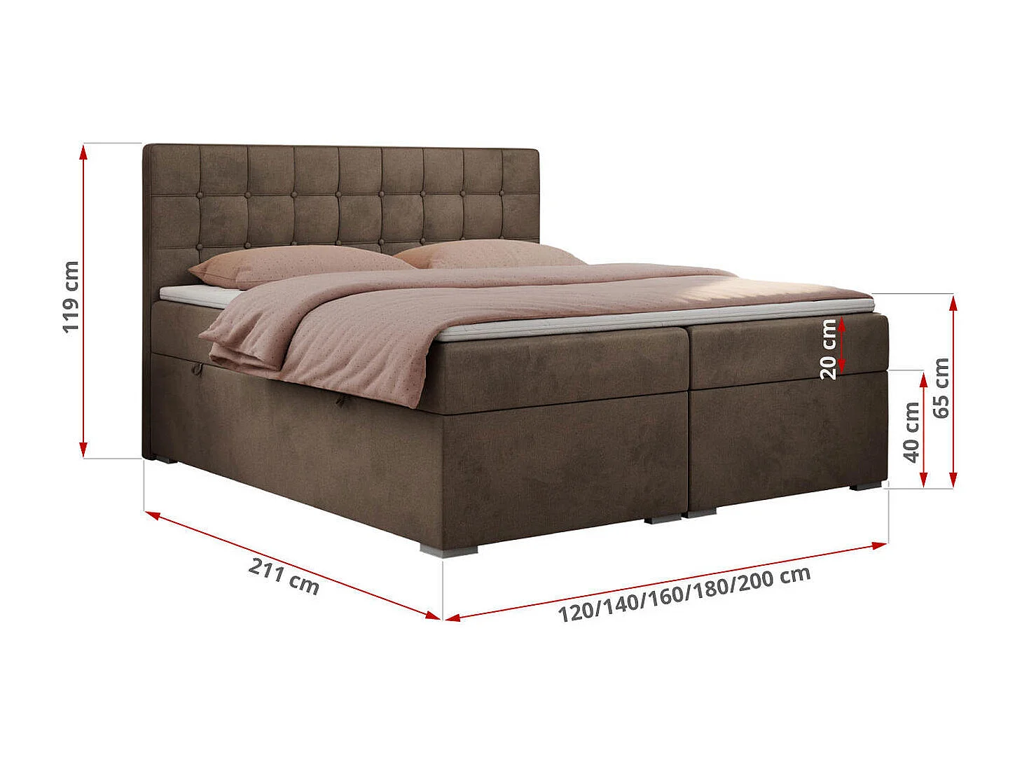 Boxspringbett CARMEN - Polsterbett mit zwei Bettkästen, gesteppte Kopfstütze, Multipocket-Matratze - 160x200 cm - H3 - Braun Velvet