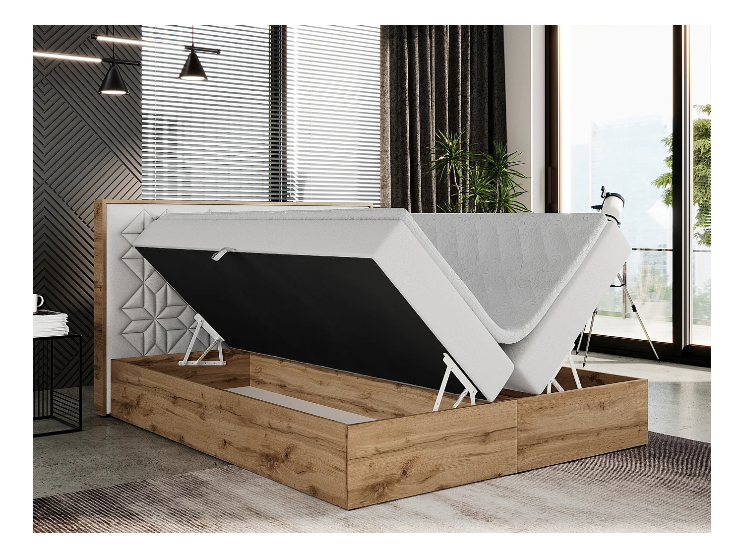 Boxspringbett NESSI - mit hoher Kopfstütze, Multipocket-Matratze und Topper, Doppelbett mit Bettkästen - 160x200 cm - H4 - Weiß Kunstleder