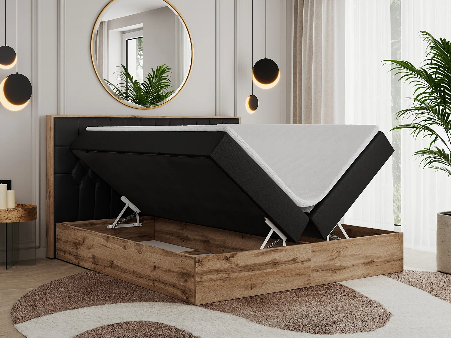 Boxspringbett AMORE - Bett mit Multipocket-Matratze, gesteppte Kopfstütze, Doppelbett für Schlafzimmer - 160x200 cm - H3 - Schwarz Kunstleder