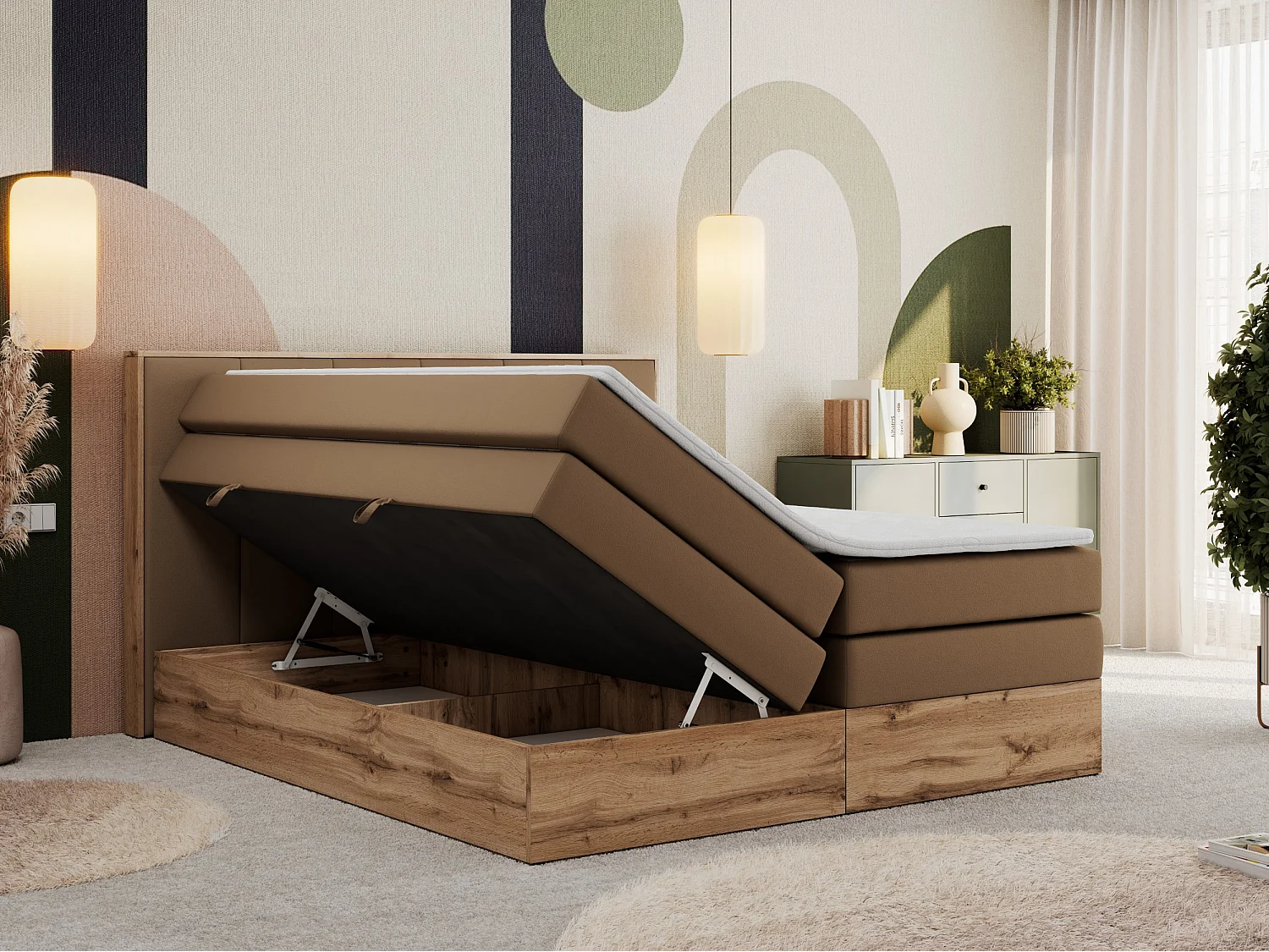 Boxspringbett ALBERO 1 KING - zwei 7 Härtezonen Multipocket-Matratzen, Doppelbett mit Stauraum, Eiche Wotan Holzrahmen - 160x200 cm - H3 - Braun Kunstleder