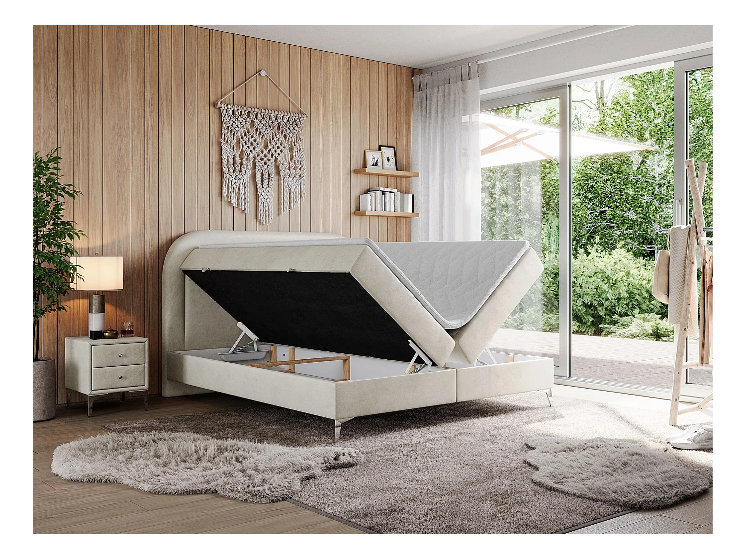 Boxspringbett EIRA - Polsterbett mit Stauraum, Set mit Kopfteil und Multipocket-Matratze, Metallbeine - 120x200 cm - H3 - Beige Velvet