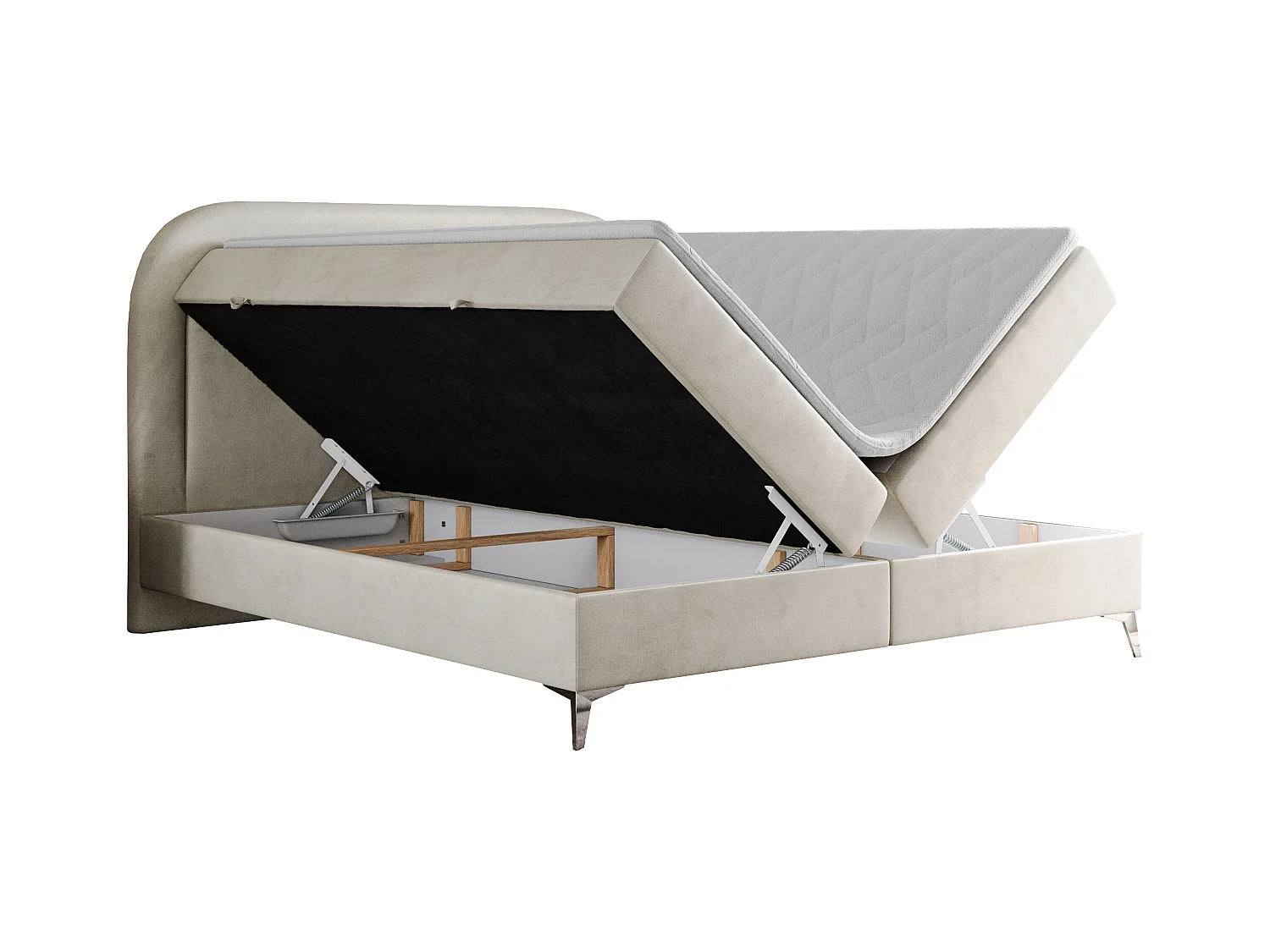 Boxspringbett EIRA - Polsterbett mit Stauraum, Set mit Kopfteil und Multipocket-Matratze, Metallbeine - 120x200 cm - H3 - Beige Velvet