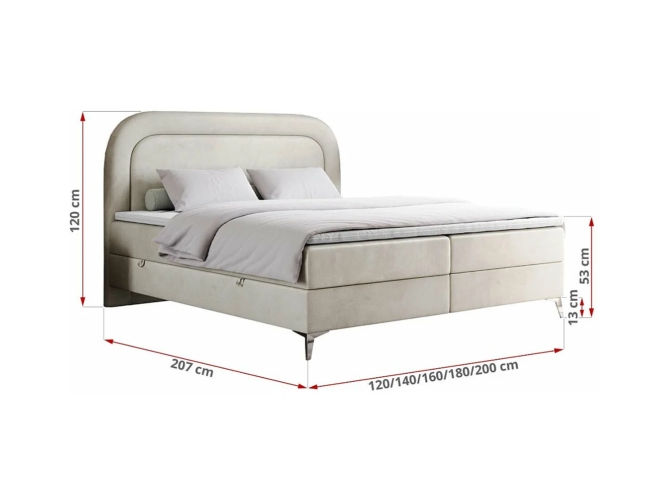 Boxspringbett EIRA - Polsterbett mit Stauraum, Set mit Kopfteil und Multipocket-Matratze, Metallbeine - 120x200 cm - H3 - Beige Velvet