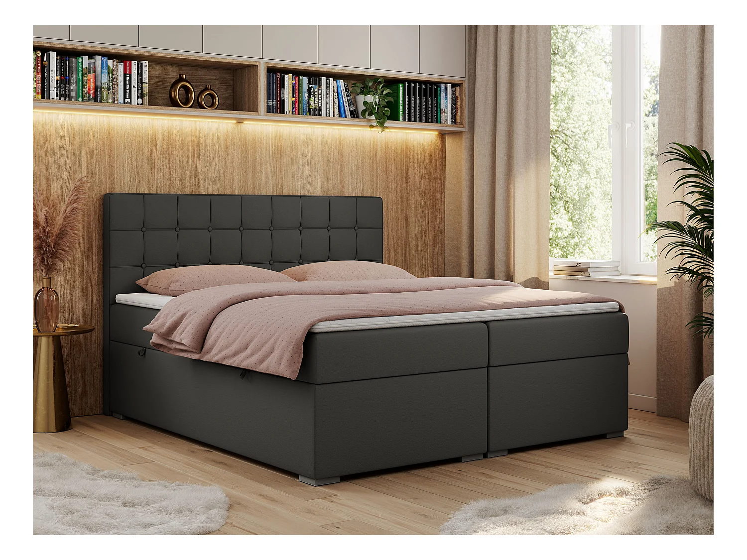 Boxspringbett CARMEN - Polsterbett mit zwei Bettkästen, gesteppte Kopfstütze, Multipocket-Matratze - 140x200 cm - H4 - Dunkelgrau Kunstleder