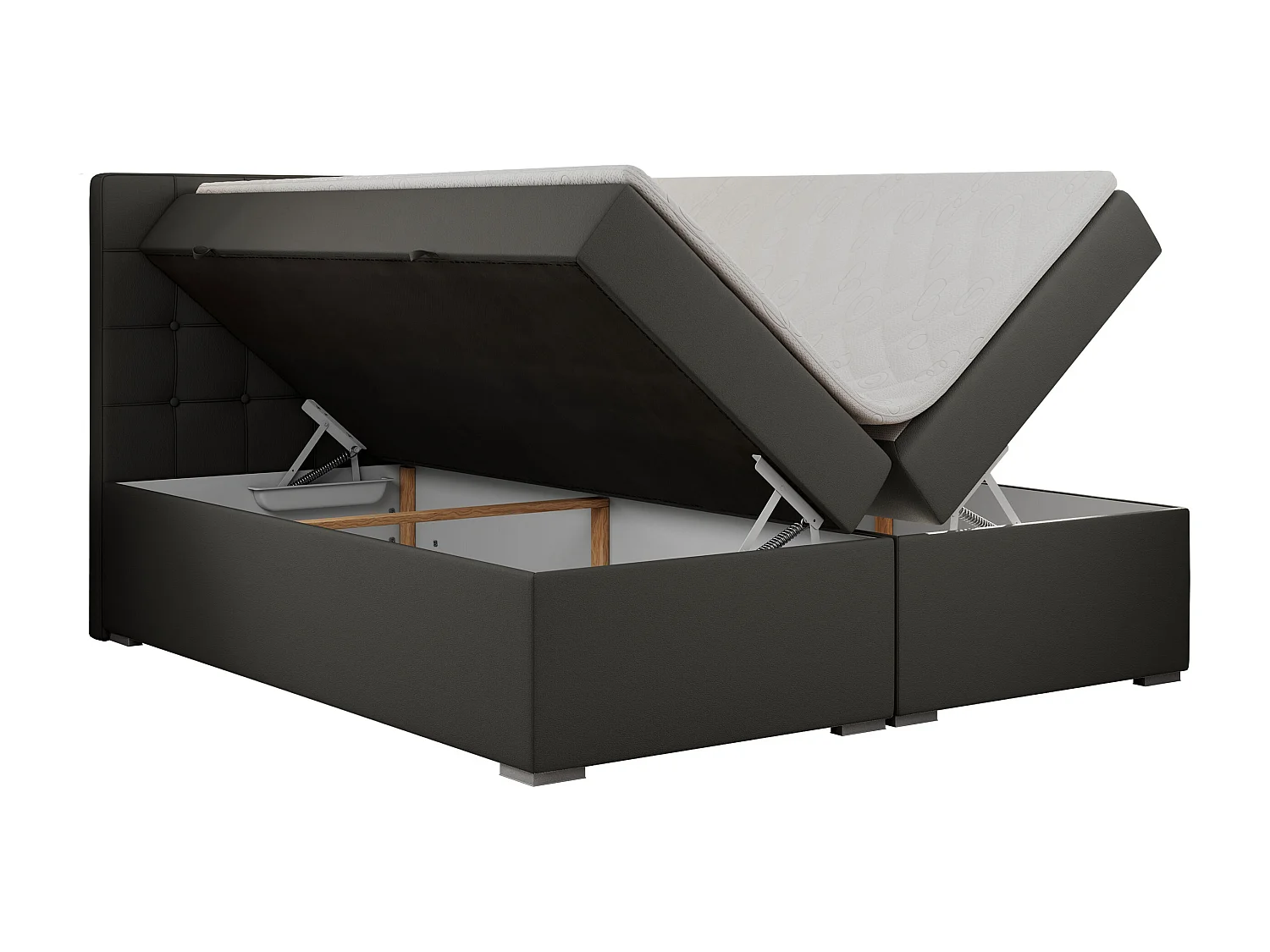 Boxspringbett CARMEN - Polsterbett mit zwei Bettkästen, gesteppte Kopfstütze, Multipocket-Matratze - 140x200 cm - H4 - Dunkelgrau Kunstleder