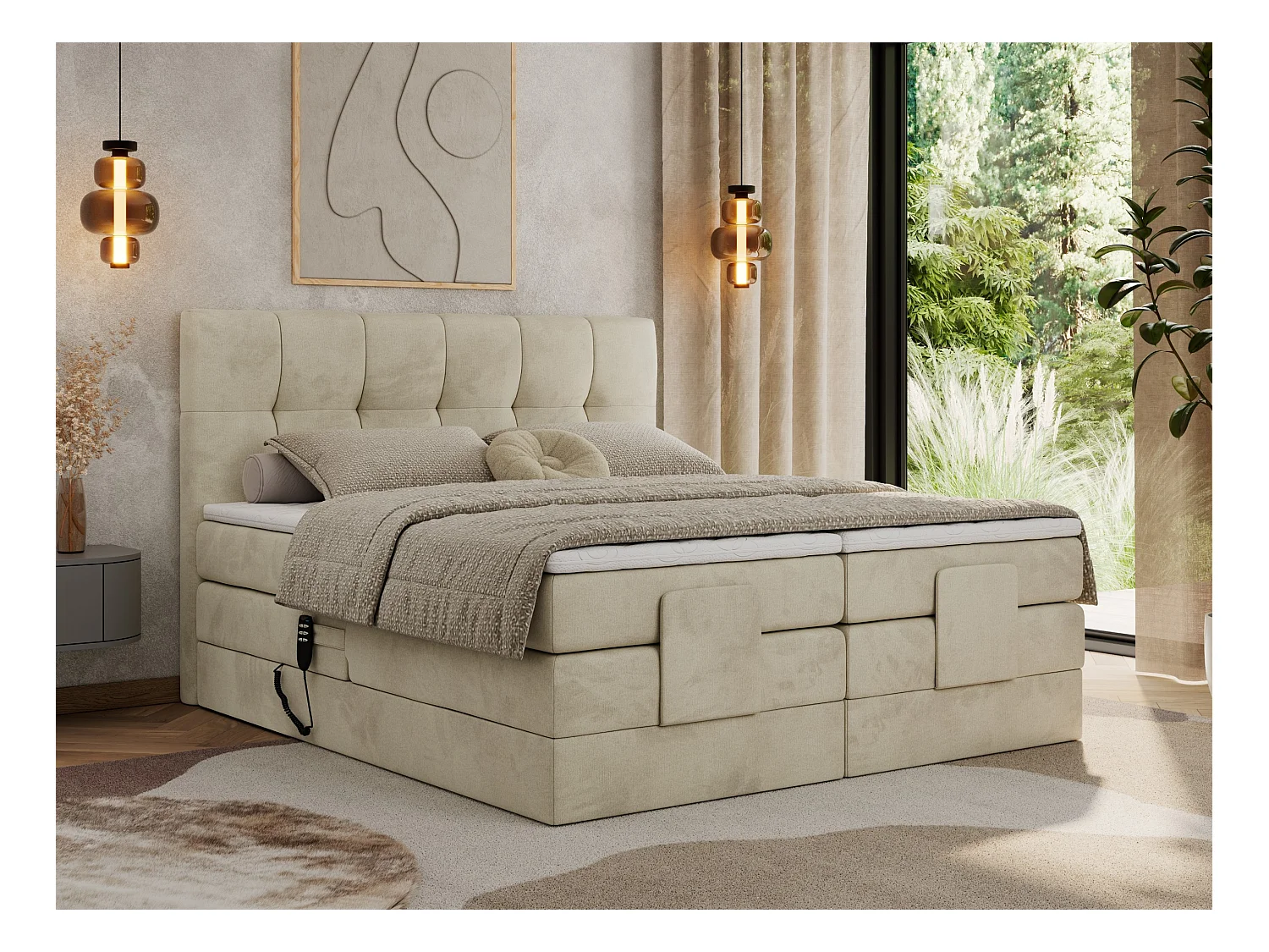 Boxspringbett VITTORIA - mit gestepptem Kopfteil, elektrischem Untergestell, Multipocket-Matratze - 180x200 cm - H3 - Beige Velvet