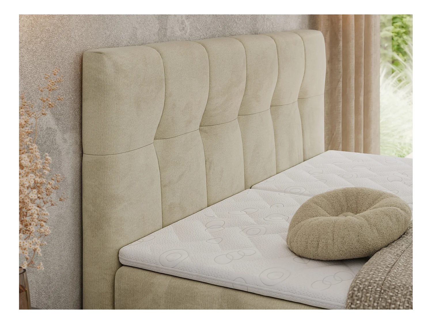 Boxspringbett VITTORIA - mit gestepptem Kopfteil, elektrischem Untergestell, Multipocket-Matratze - 180x200 cm - H3 - Beige Velvet