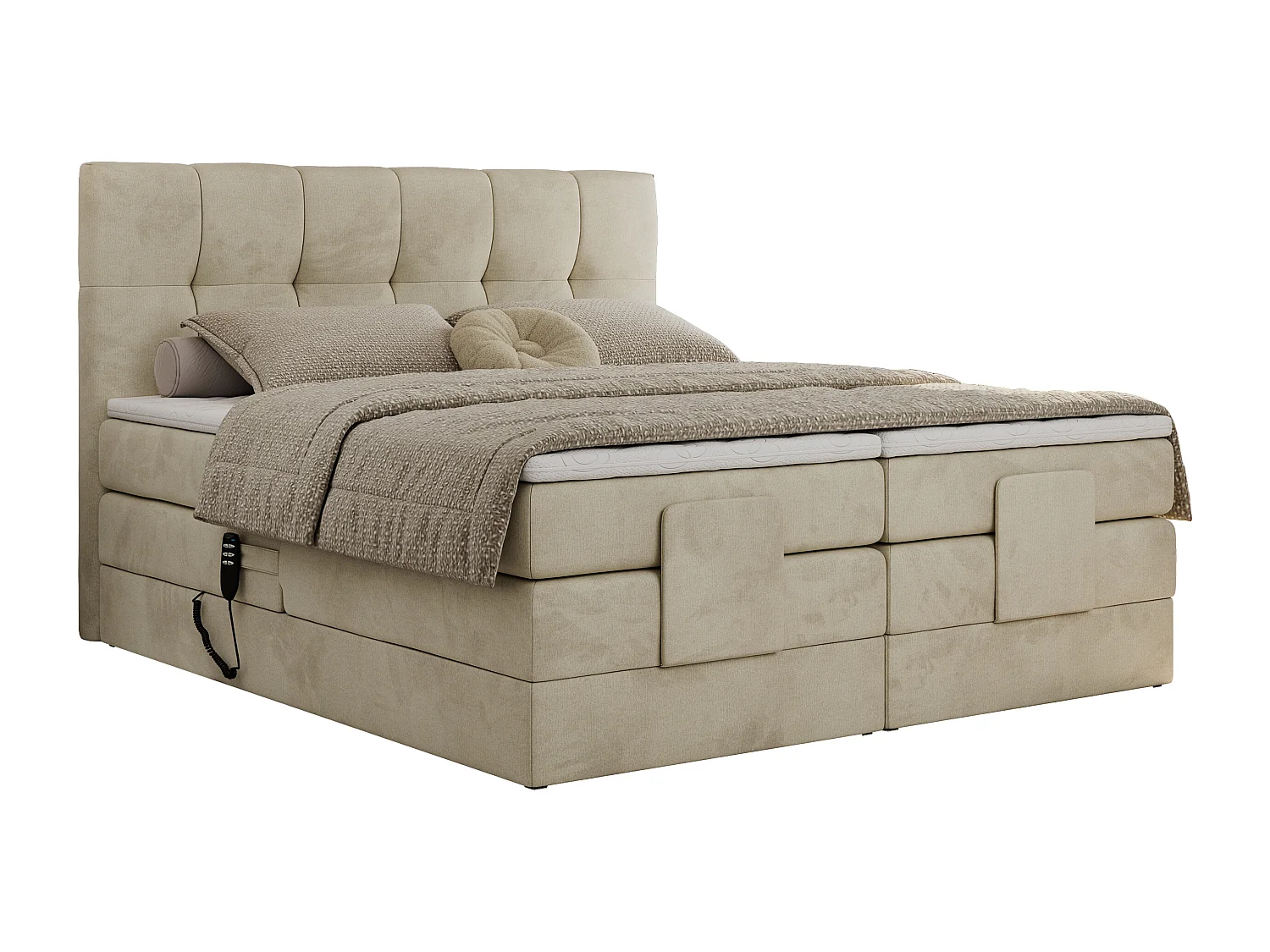 Boxspringbett VITTORIA - mit gestepptem Kopfteil, elektrischem Untergestell, Multipocket-Matratze - 180x200 cm - H3 - Beige Velvet