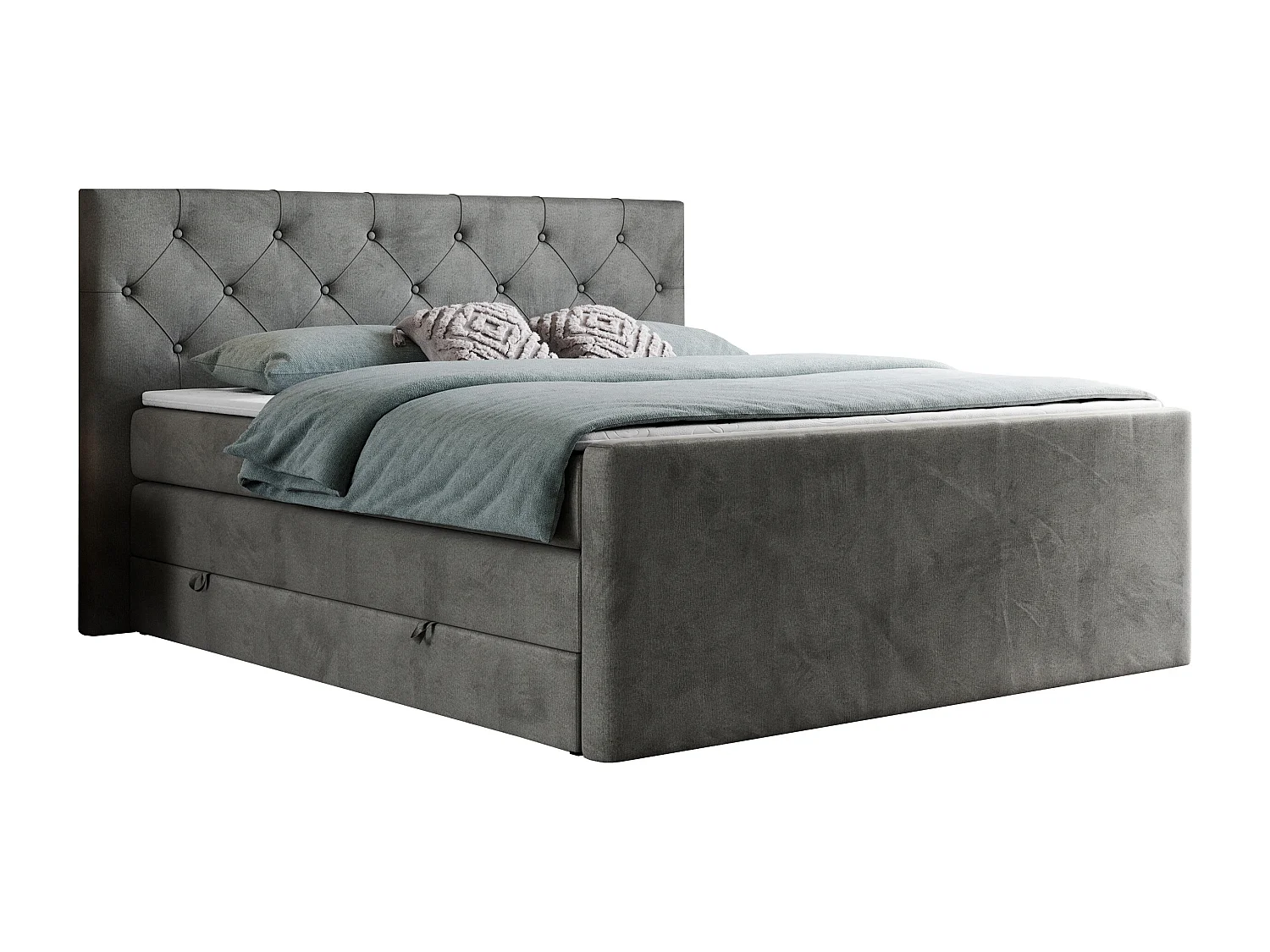 Boxspringbett VELEN KING - Doppelbett mit gestepptem Kopfteil, zwei Multipocket-Matratzen, Polsterbett mit Kopfstütze - 200x200 cm - H4 - Dunkelgrau Velvet