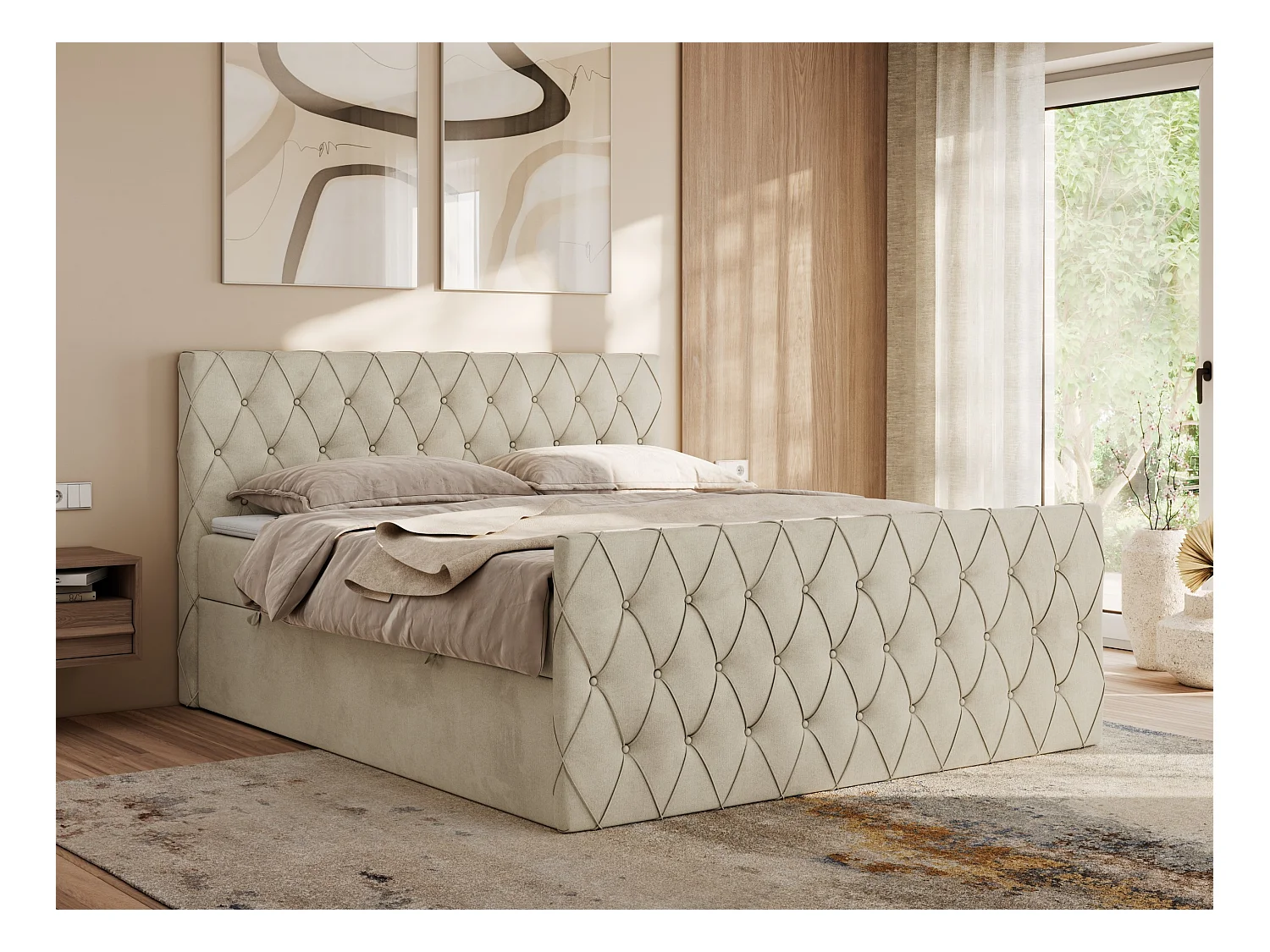 Boxspringbett MIREN DUO - mit gestepptem Kopfteil und Front, Multipocket-Matratze, zwei Bettkästen - 140x200 cm - H3 - Beige Velvet