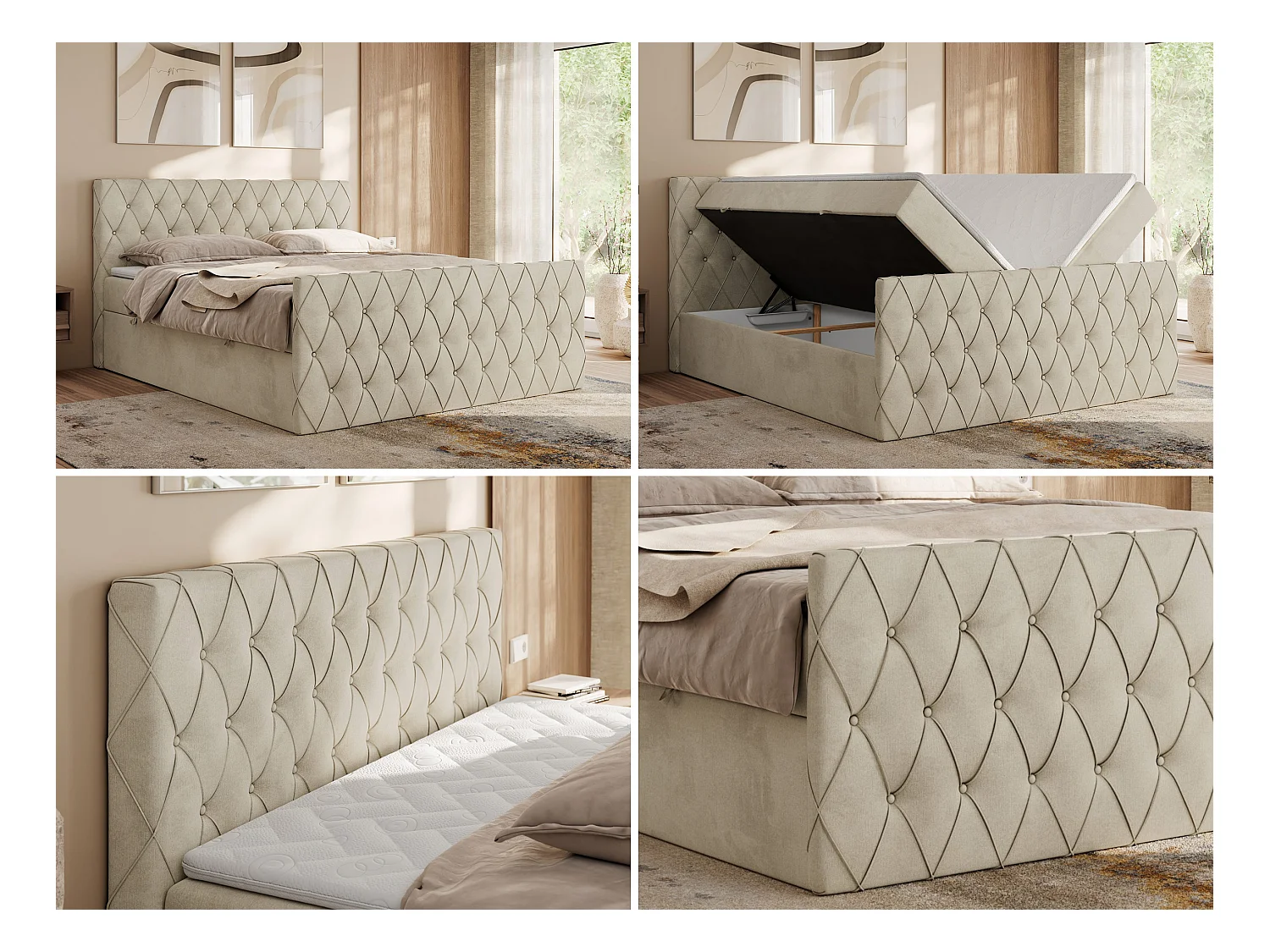 Boxspringbett MIREN DUO - mit gestepptem Kopfteil und Front, Multipocket-Matratze, zwei Bettkästen - 140x200 cm - H3 - Beige Velvet