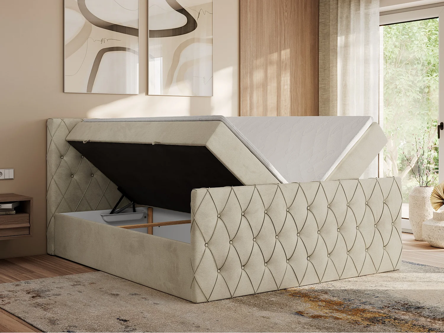 Boxspringbett MIREN DUO - mit gestepptem Kopfteil und Front, Multipocket-Matratze, zwei Bettkästen - 140x200 cm - H3 - Beige Velvet