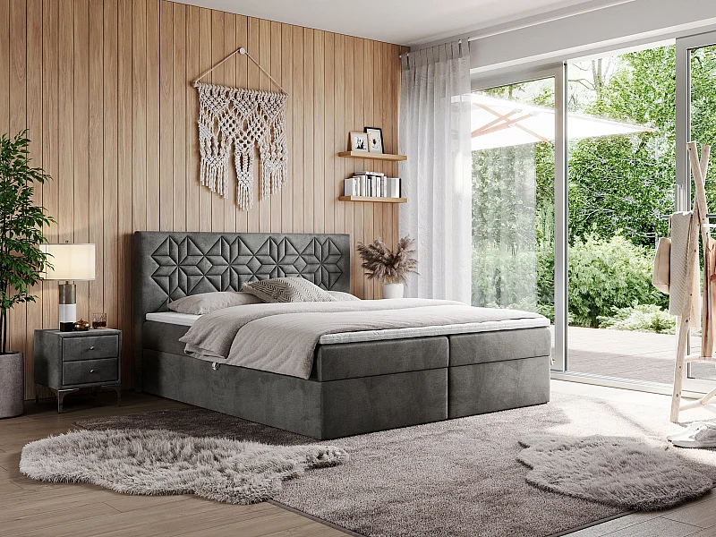 Boxspringbett LEILA - gestepptes Kopfteil,  7 Härtezonen Multipocket-Matratzen, Doppelbett mit Bettkästen - 160x200 cm - H3 - Dunkelgrau Velvet