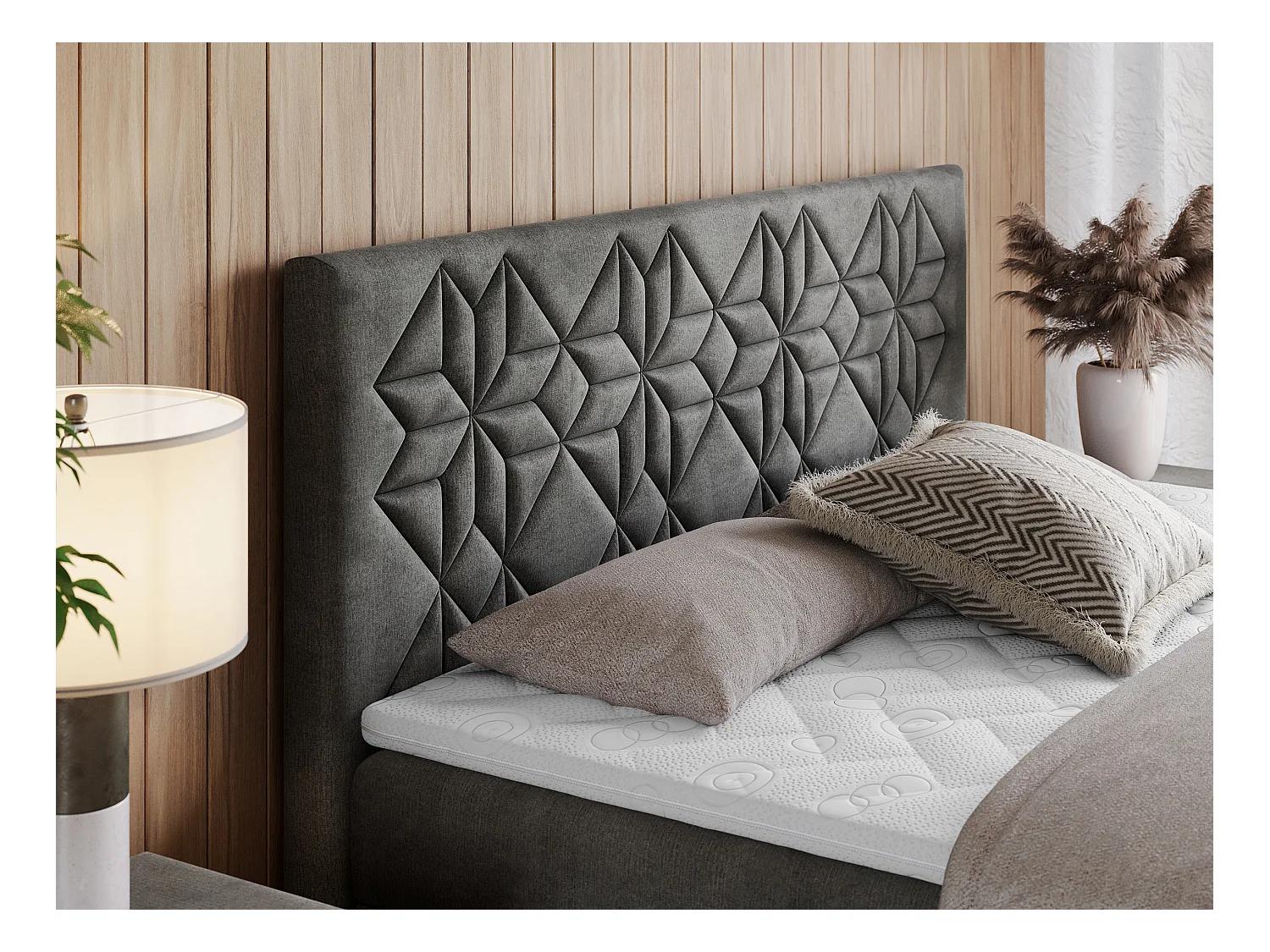 Boxspringbett LEILA - gestepptes Kopfteil,  7 Härtezonen Multipocket-Matratzen, Doppelbett mit Bettkästen - 160x200 cm - H3 - Dunkelgrau Velvet