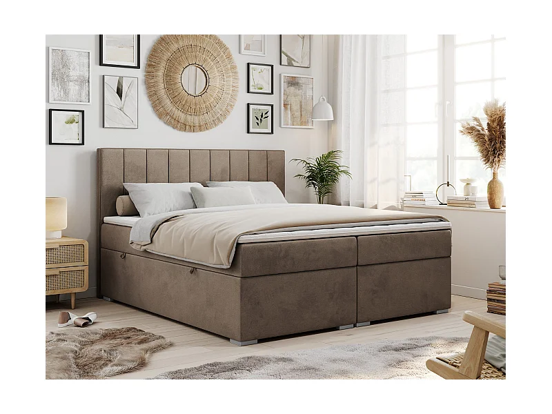 Boxspringbett ALLY - gestreiftes, genähtes Kopfteil, zwei Bettkästen, Multipocket-Matratzen, Praktisch Polsterbett - 160x200 cm - H3 - Braun Velvet