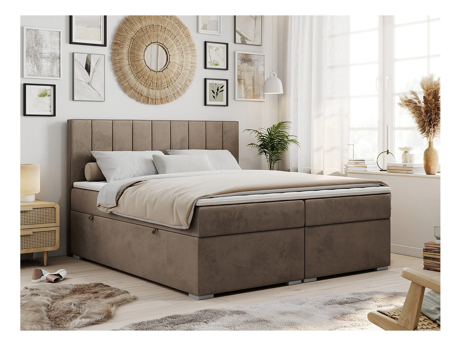 Boxspringbett ALLY - gestreiftes, genähtes Kopfteil, zwei Bettkästen, Multipocket-Matratzen, Praktisch Polsterbett - 160x200 cm - H3 - Braun Velvet