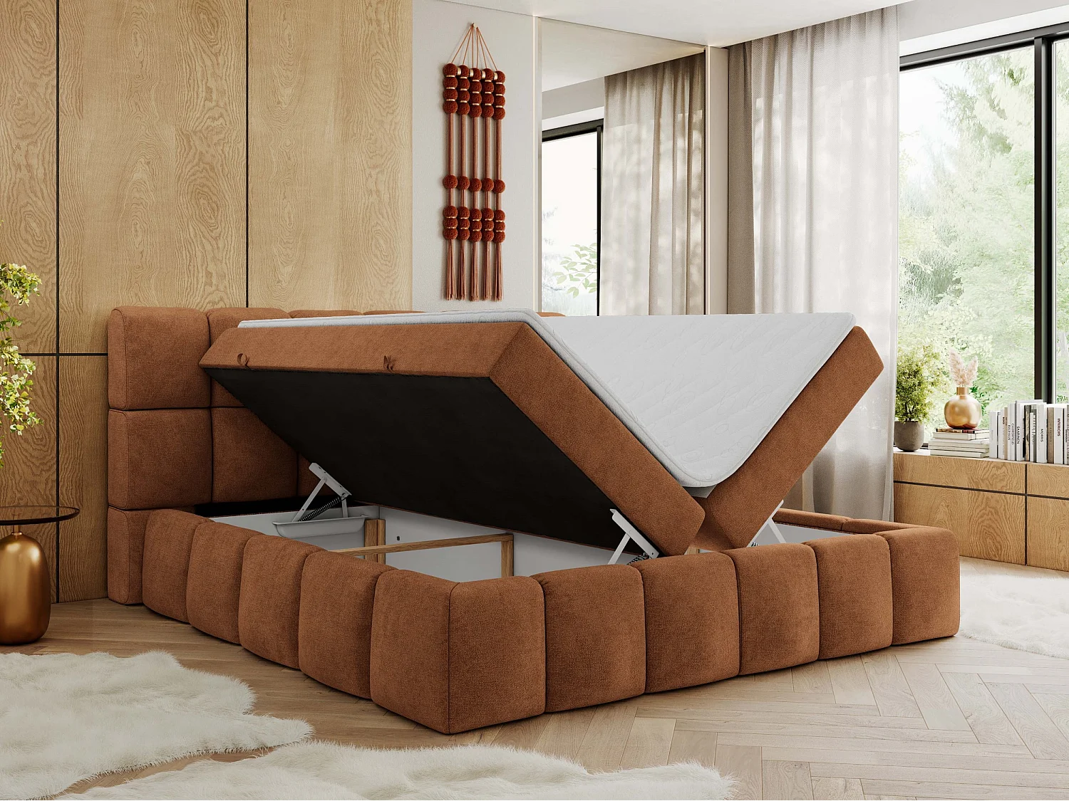 Boxspringbett NIRA - dekorativ kopfteil, Bettkästen und Multipocket-Matratze, Doppelbett für Schlafzimmer - 140x200 cm - H4 - Orange Strukture