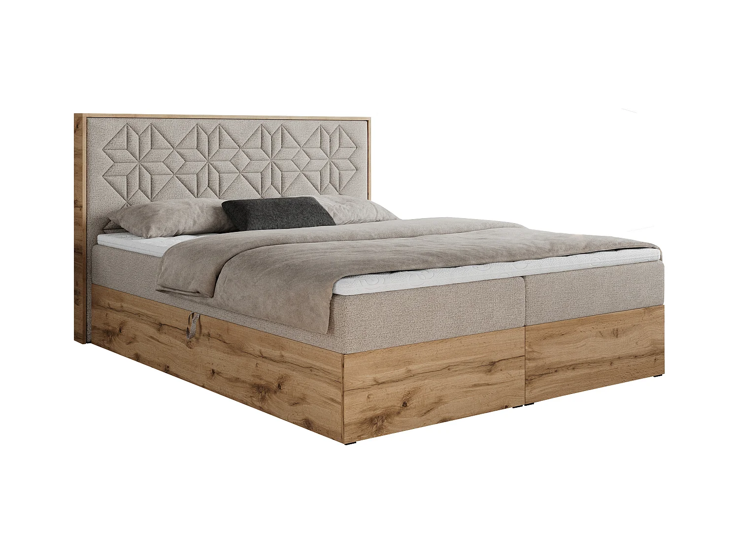 Boxspringbett NESSI - mit hoher Kopfstütze, Multipocket-Matratze und Topper, Doppelbett mit Bettkästen - 200x200 cm - H4 - Beige Strukture