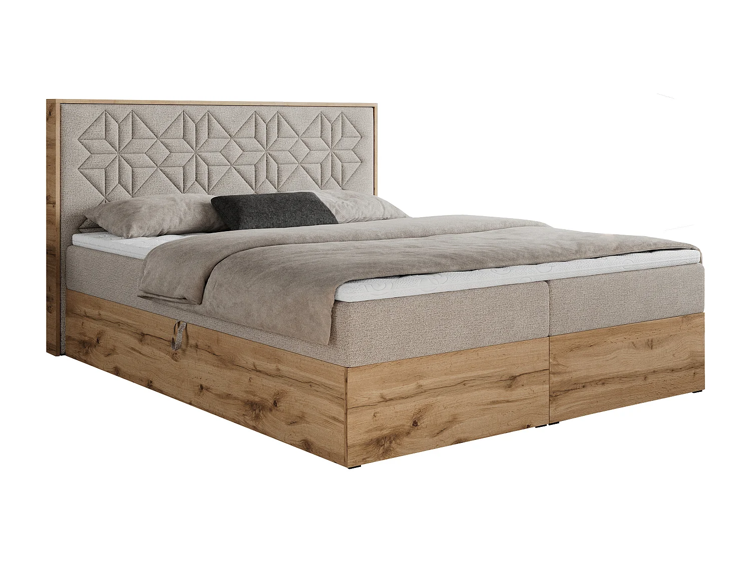 Boxspringbett NESSI - mit hoher Kopfstütze, Multipocket-Matratze und Topper, Doppelbett mit Bettkästen - 200x200 cm - H4 - Beige Strukture
