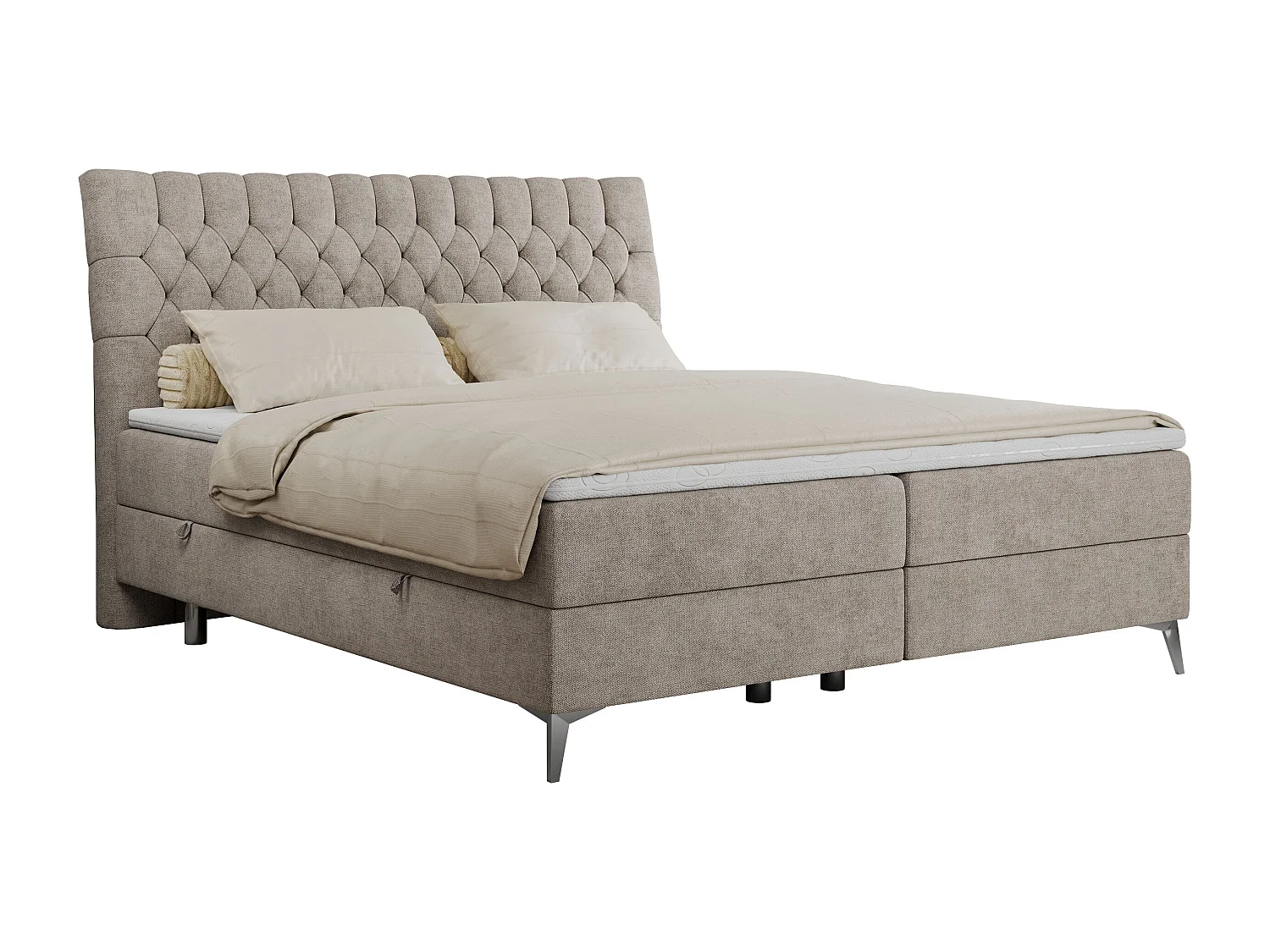 Boxspringbett MILEN - gepolstertes Schlafzimmerbett, zwei Multipocket-Matratze, dekorative hohe Beine - 140x200 cm - H4 - Beige Strukture