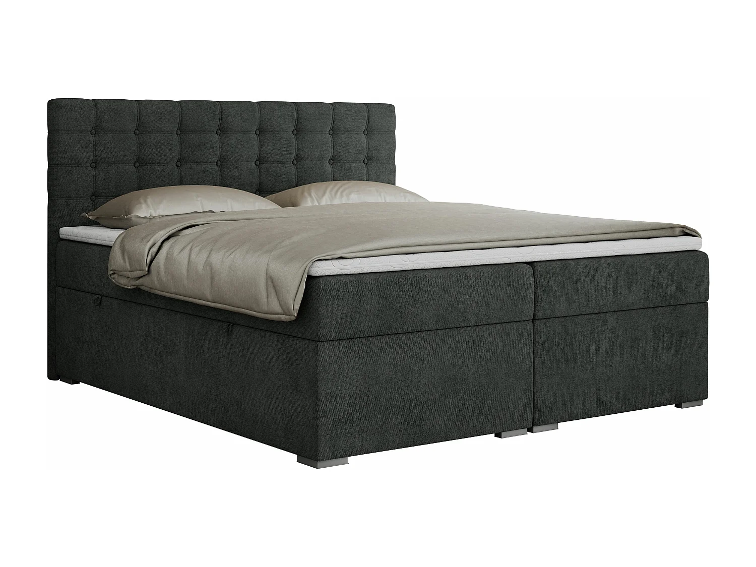 Boxspringbett SUSAN - mit gestepptem Kopfteil, zwei Bettkästen und Topper, gepolstertes Schlafzimmerbett - 160x200 cm - H3 - Dunkelgrau Stukture