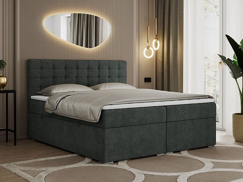 Boxspringbett SUSAN - mit gestepptem Kopfteil, zwei Bettkästen und Topper, gepolstertes Schlafzimmerbett - 160x200 cm - H3 - Dunkelgrau Stukture