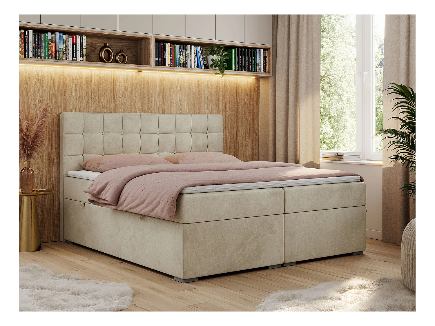 Boxspringbett CARMEN - Polsterbett mit zwei Bettkästen, gesteppte Kopfstütze, Multipocket-Matratze - 200x200 cm - H4 - Beige Velvet