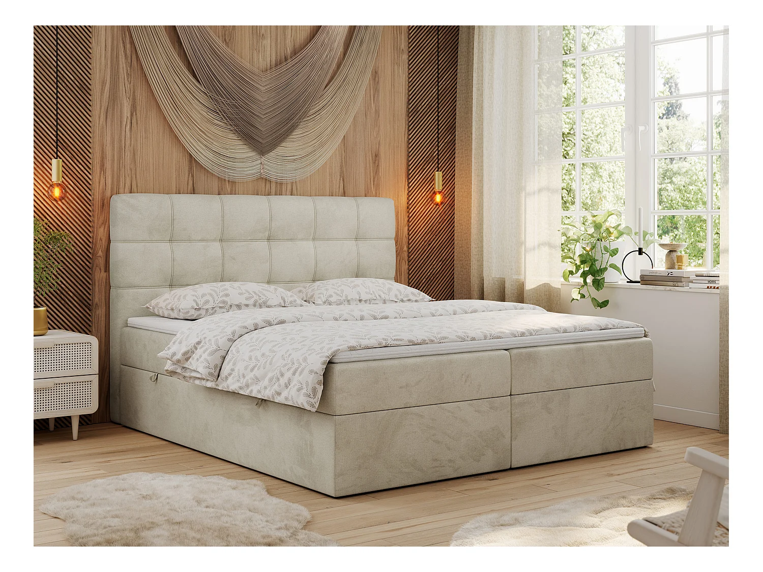 Boxspringbett ERNI - mit gestepptem Kopfteil, Polsterbett, Multipocket-Matratze und Topper, Bettkästen - 140x200 cm - H3 - Beige Velvet