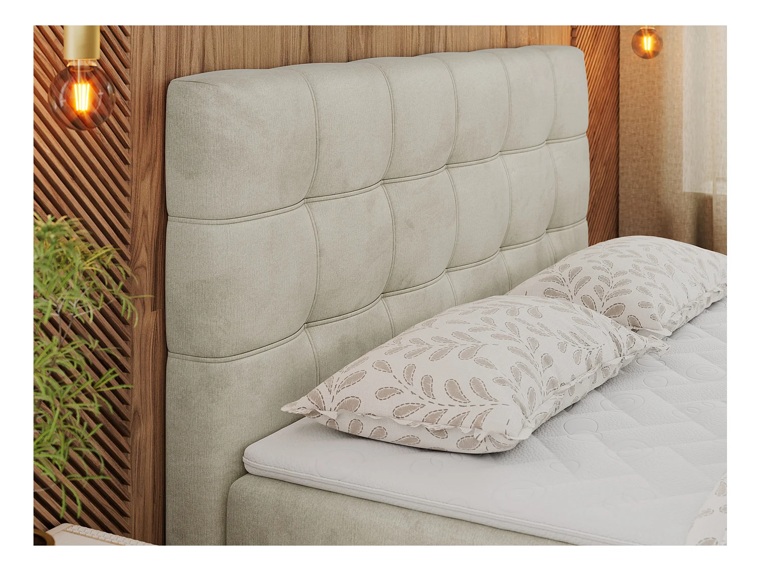 Boxspringbett ERNI - mit gestepptem Kopfteil, Polsterbett, Multipocket-Matratze und Topper, Bettkästen - 140x200 cm - H3 - Beige Velvet
