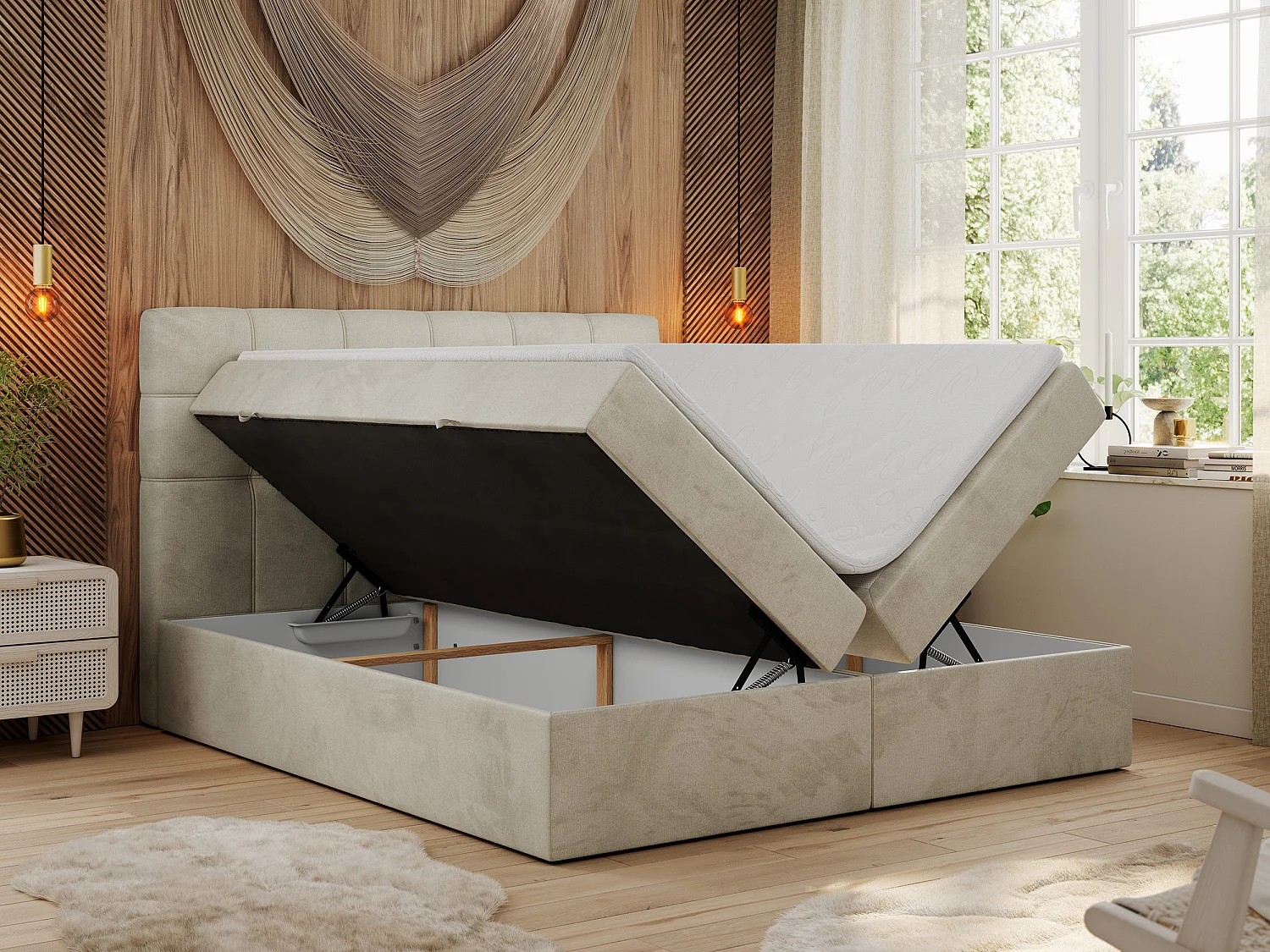 Boxspringbett ERNI - mit gestepptem Kopfteil, Polsterbett, Multipocket-Matratze und Topper, Bettkästen - 140x200 cm - H3 - Beige Velvet