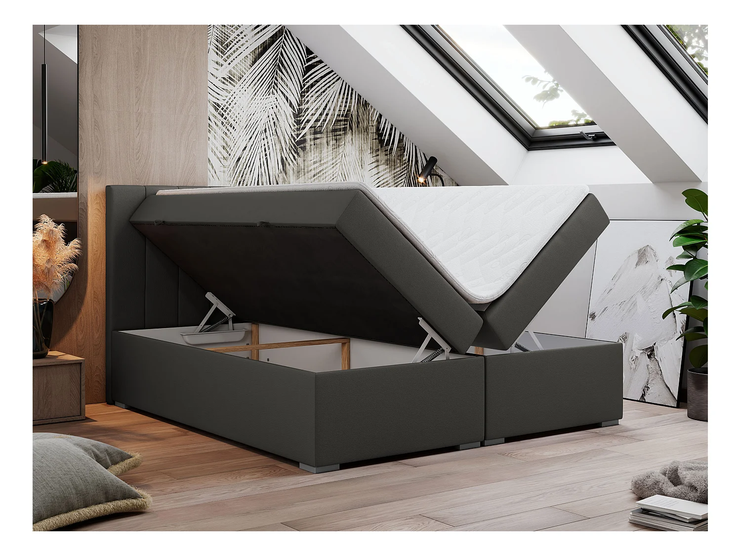 Boxspringbett LOPE - genähtes Kopfteil, Doppelbett mit Stauraum, Multipocket-Matratze, Topper - 160x200 cm - H3 - Dunkelgrau Kunstleder