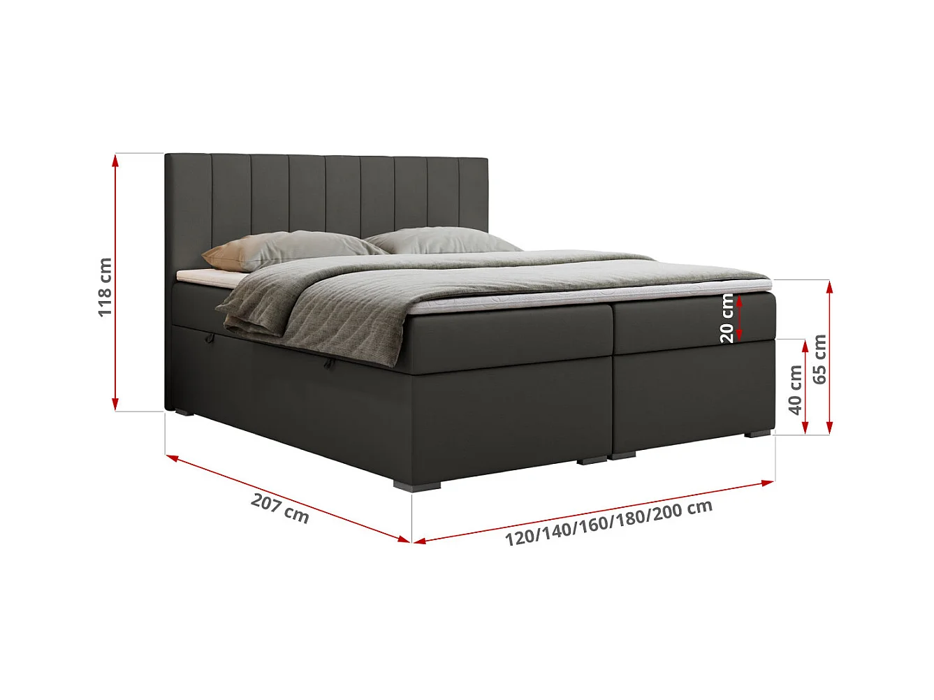 Boxspringbett LOPE - genähtes Kopfteil, Doppelbett mit Stauraum, Multipocket-Matratze, Topper - 160x200 cm - H3 - Dunkelgrau Kunstleder