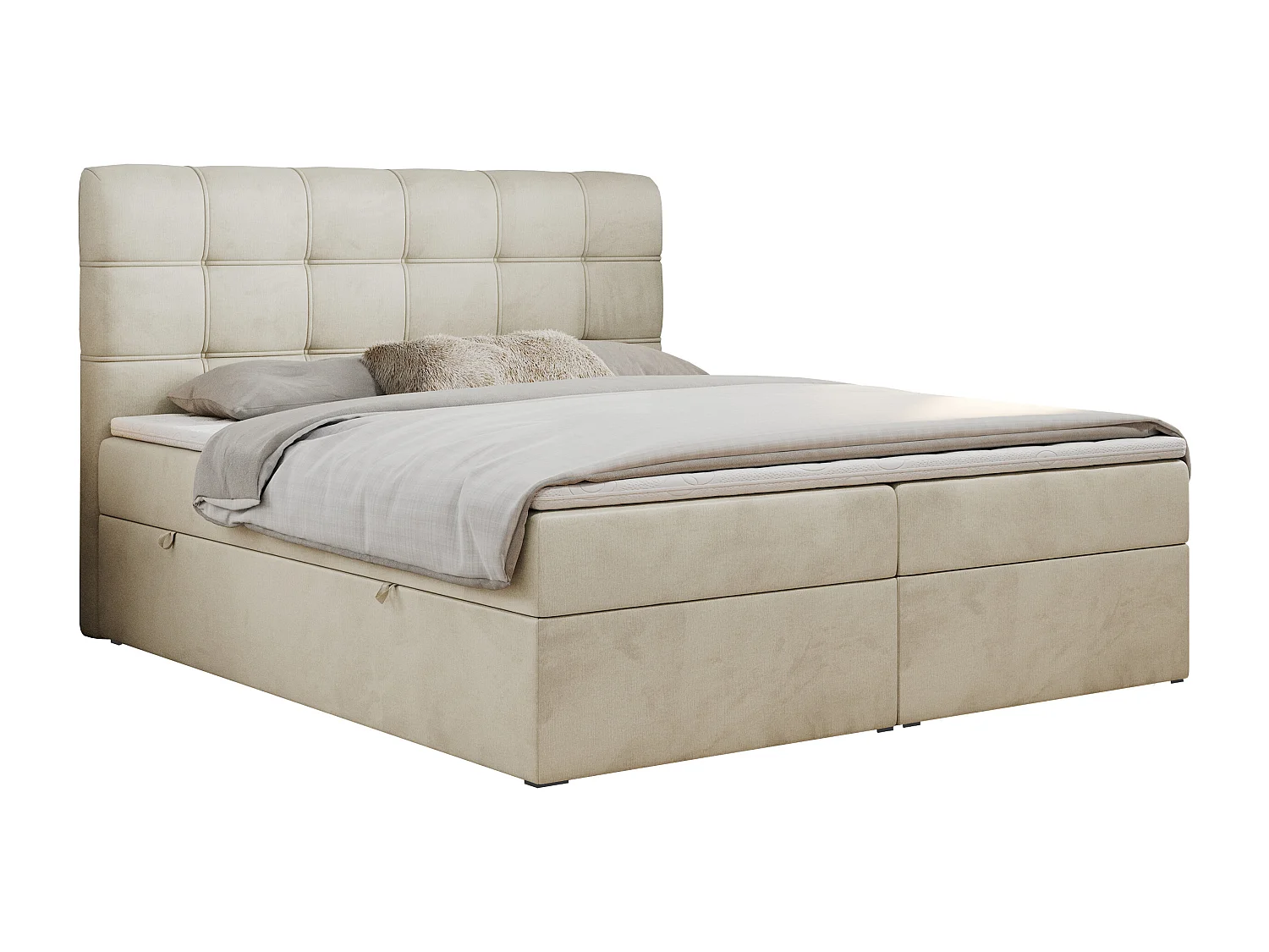 Boxspringbett FAST - Doppelbett mit Stauraum, gestepptes Kopfteil, Multipocket-Matratze - 160x200 cm - H3 - Beige Velvet