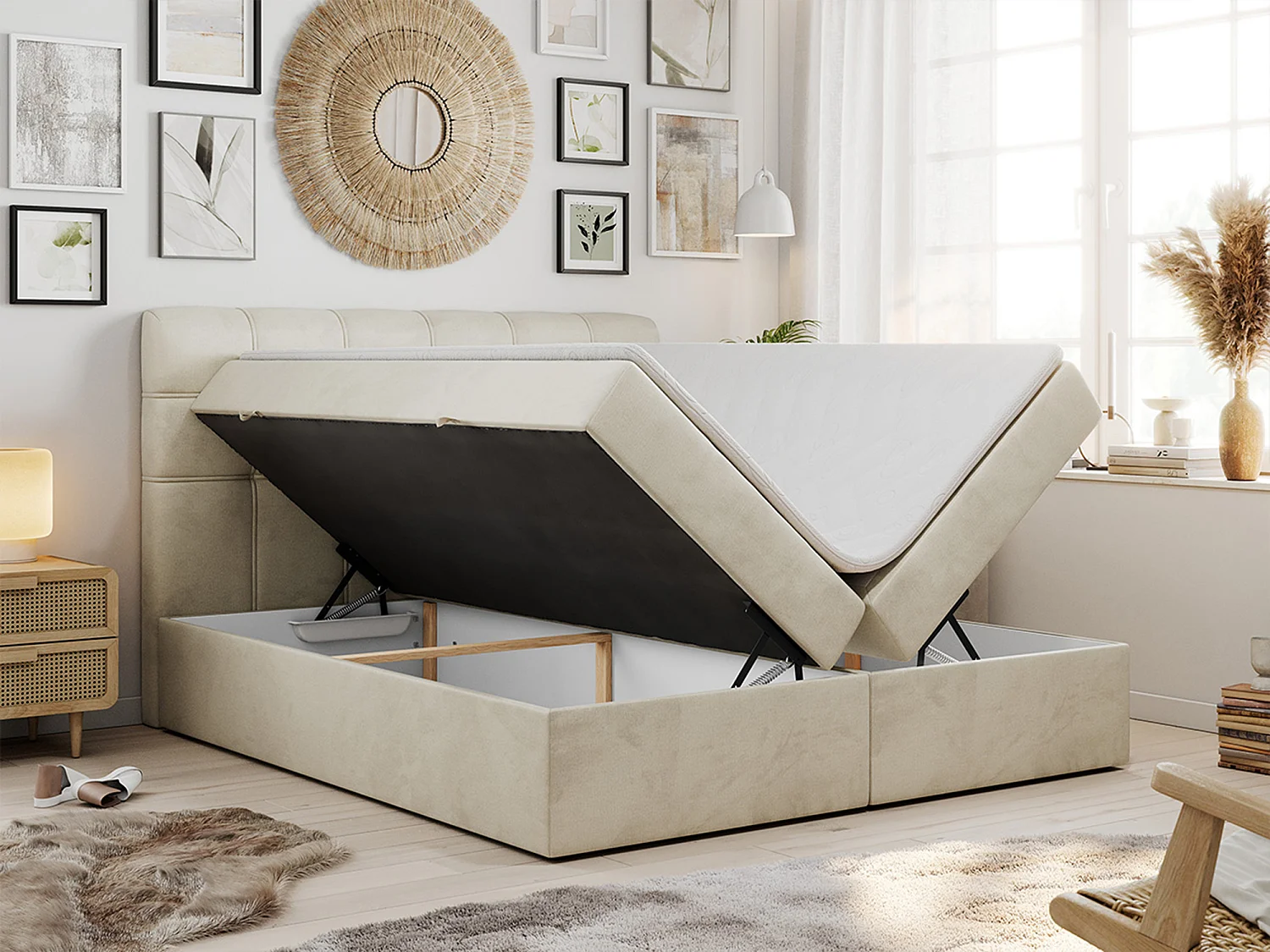 Lit boxspring - Dureté H3 + Topper T25 - Beige Velours - 160x200 - FAST