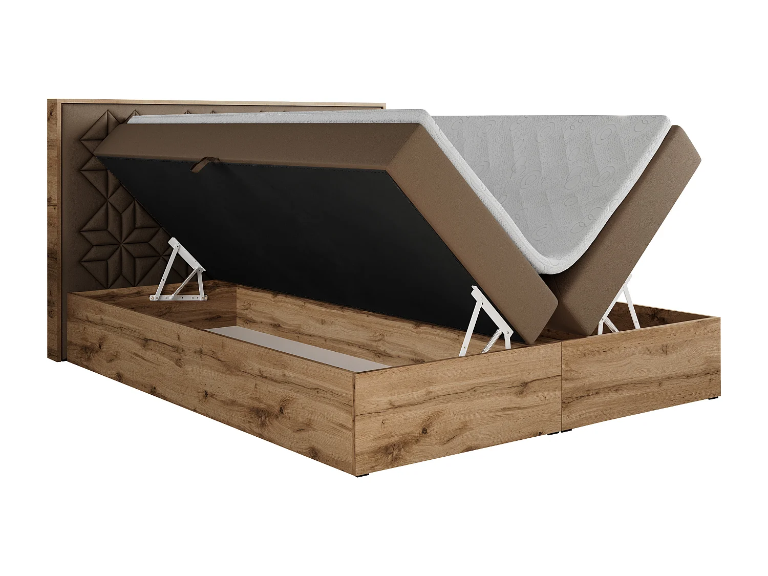 Boxspringbett NESSI - mit hoher Kopfstütze, Multipocket-Matratze und Topper, Doppelbett mit Bettkästen - 180x200 cm - H4 - Braun Kunstleder