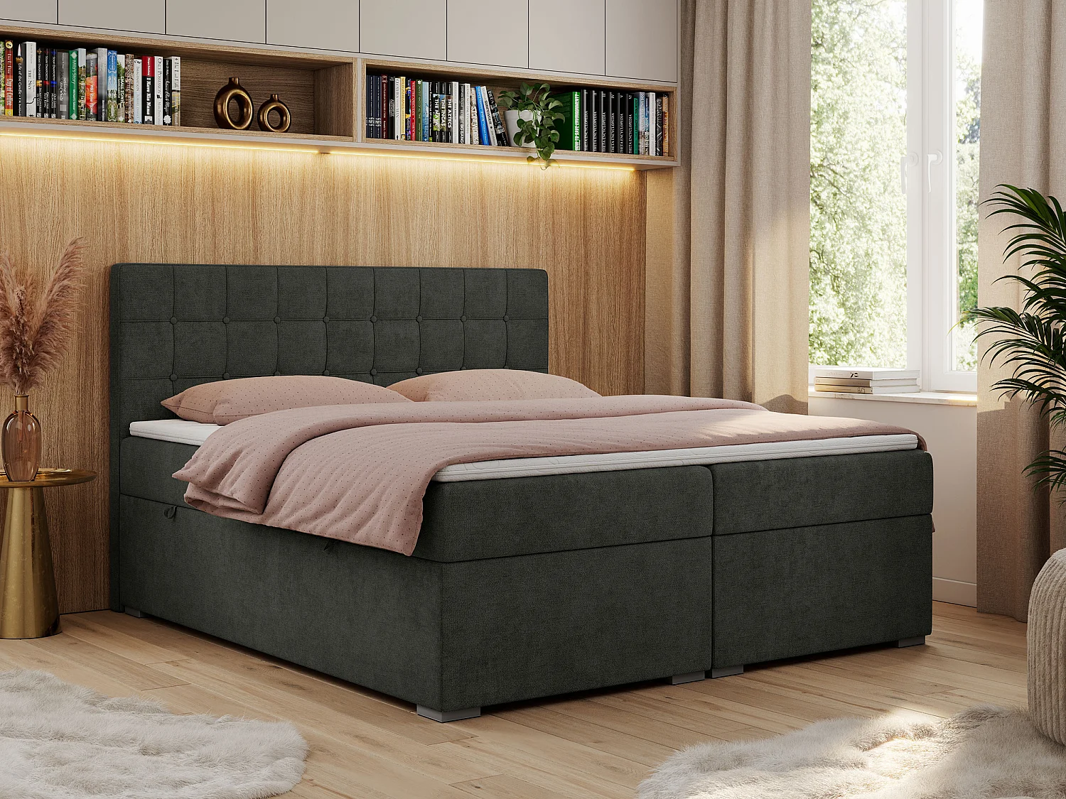 Boxspringbett CARMEN - Polsterbett mit zwei Bettkästen, gesteppte Kopfstütze, Multipocket-Matratze - 200x200 cm - H3 - Dunkelgrau Stukture