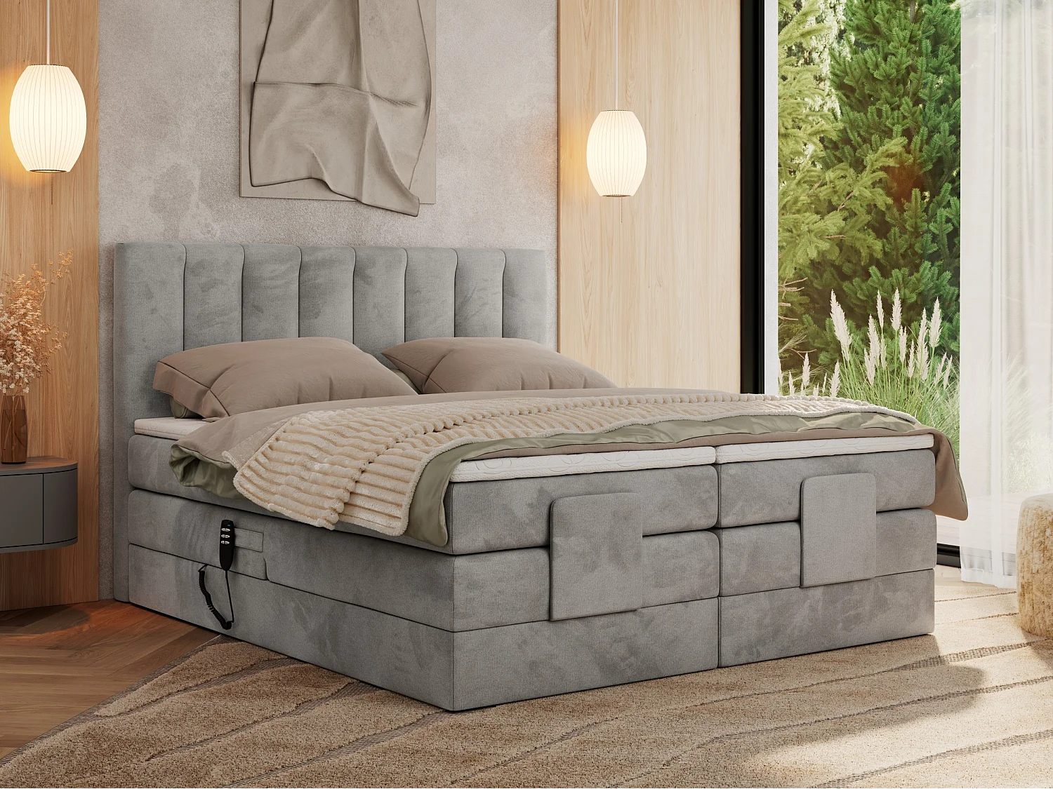 Boxspringbett COMFORTO - Doppelbett, Elektrisch verstellbare, Multipocket-Matratzen und Topper, genähtes Kopfteil - 140x200 cm - H3 - Hellgrau Velvet