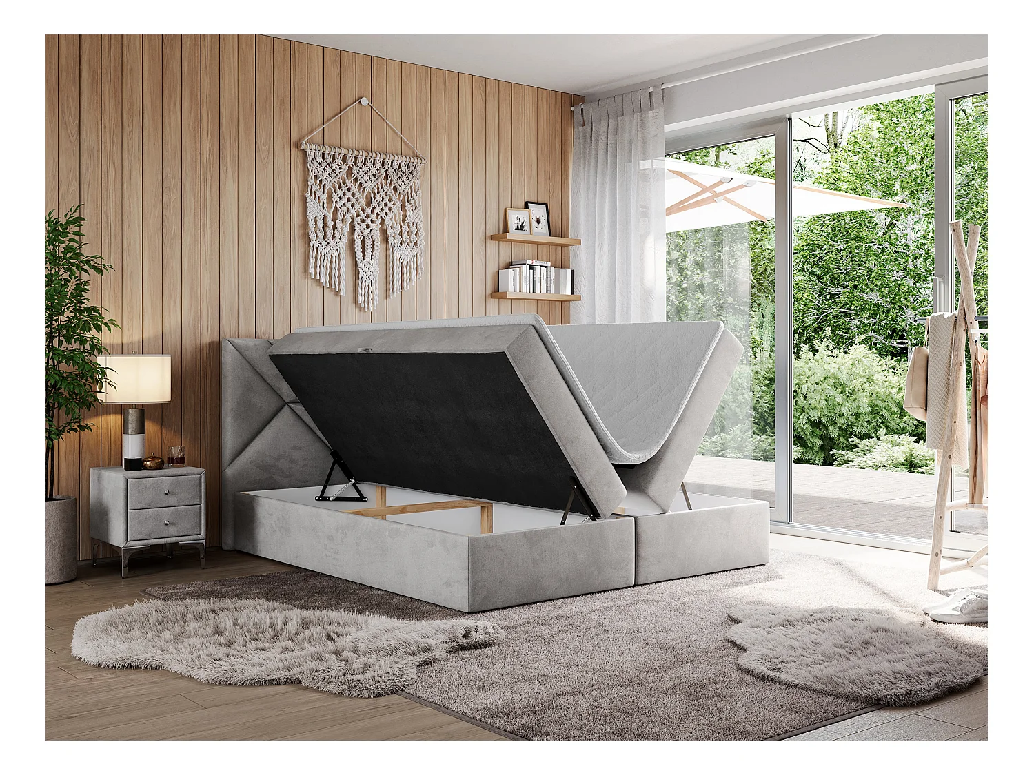 Boxspringbett NEOMI - dekorativem Kopfteil, Polsterbett mit Multipocket-Matratzen, zwei Bettkästen - 160x200 cm - H4 - Hellgrau Strukture