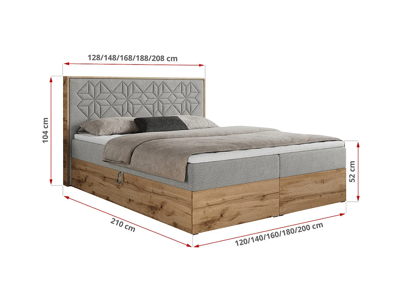 Boxspringbett NESSI - mit hoher Kopfstütze, Multipocket-Matratze und Topper, Doppelbett mit Bettkästen - 160x200 cm - H3 - Hellgrau Strukture