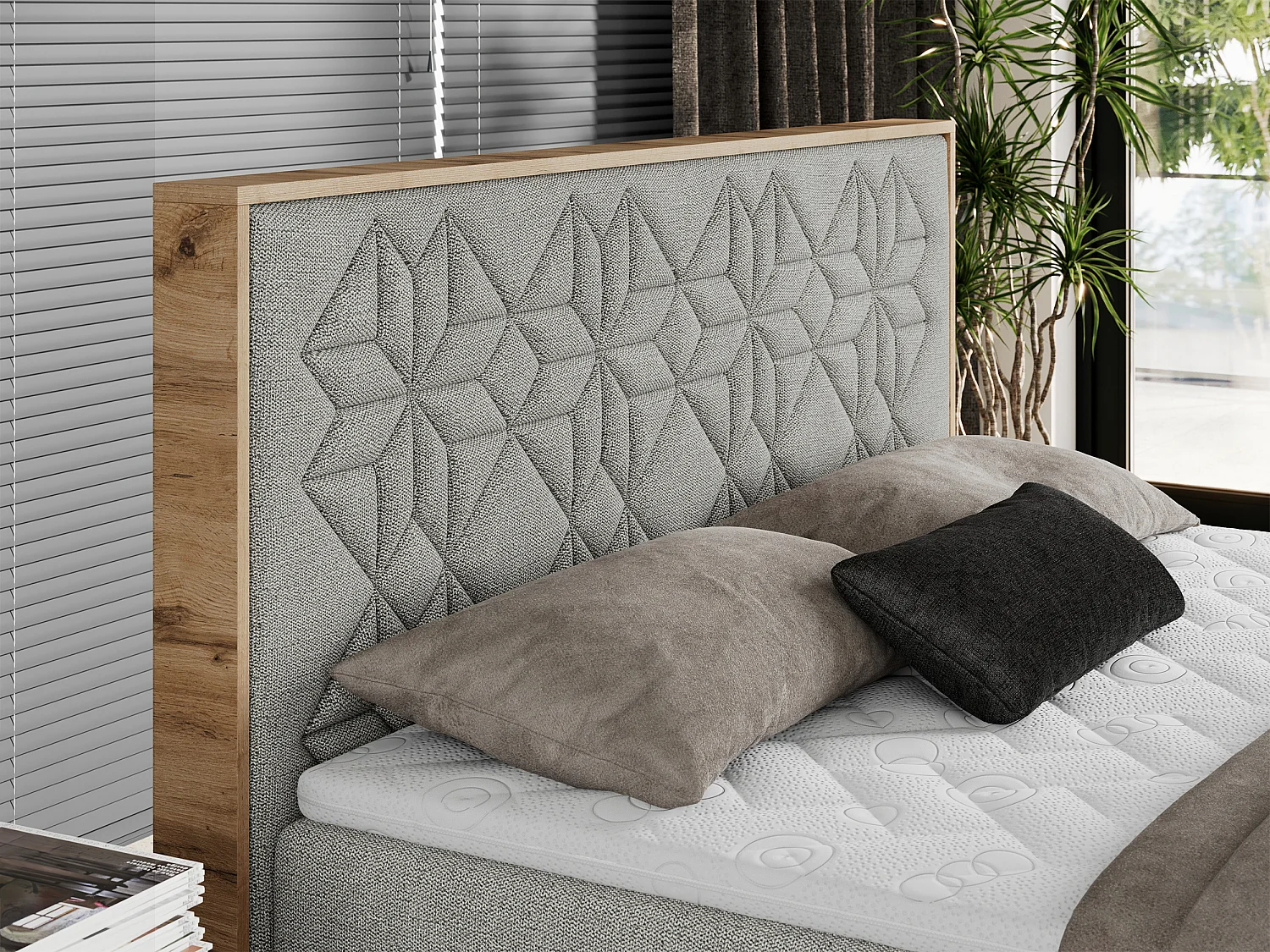 Boxspringbett NESSI - mit hoher Kopfstütze, Multipocket-Matratze und Topper, Doppelbett mit Bettkästen - 160x200 cm - H3 - Hellgrau Strukture