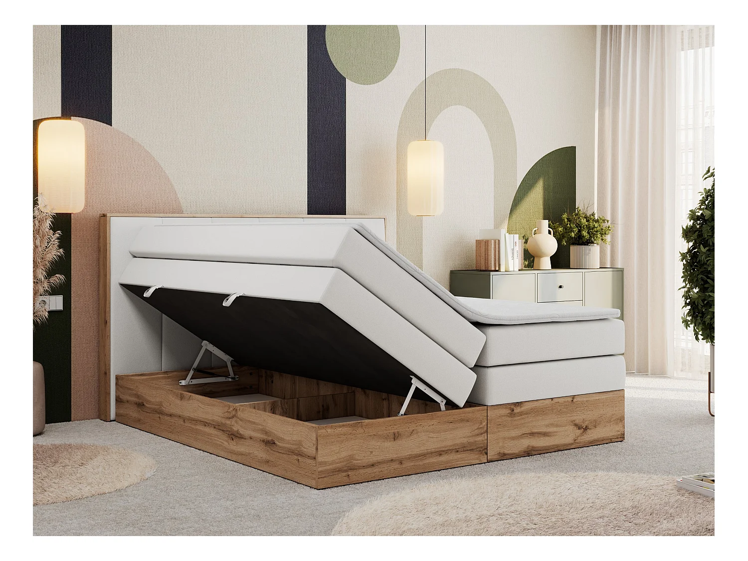 Boxspringbett ALBERO 1 KING - zwei 7 Härtezonen Multipocket-Matratzen, Doppelbett mit Stauraum, Eiche Wotan Holzrahmen - 160x200 cm - H4 - Weiß Kunstleder