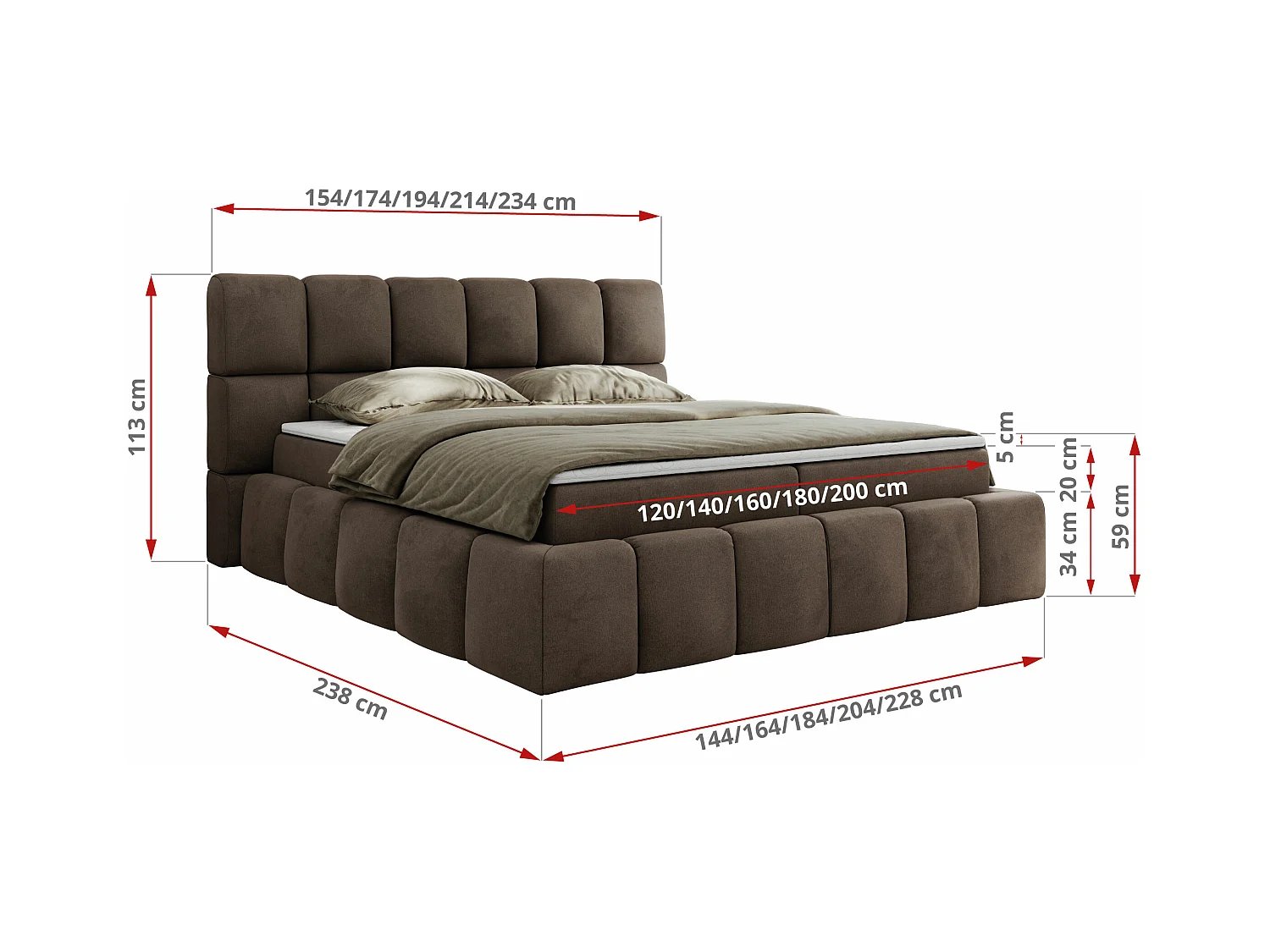 Boxspringbett NIRA - dekorativ kopfteil, Bettkästen und Multipocket-Matratze, Doppelbett für Schlafzimmer - 200x200 cm - H3 - Braun Velvet