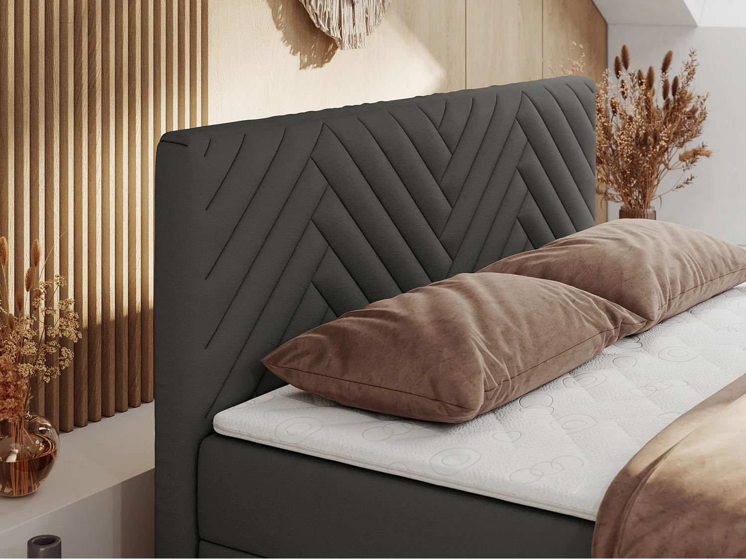 Boxspringbett PARIS DUO - Polsterbett mit genähtem Kopfteil und Frontplatte, Doppelbett, zwei Bettkästen - 180x200 cm - H3 - Grau Kunstleder