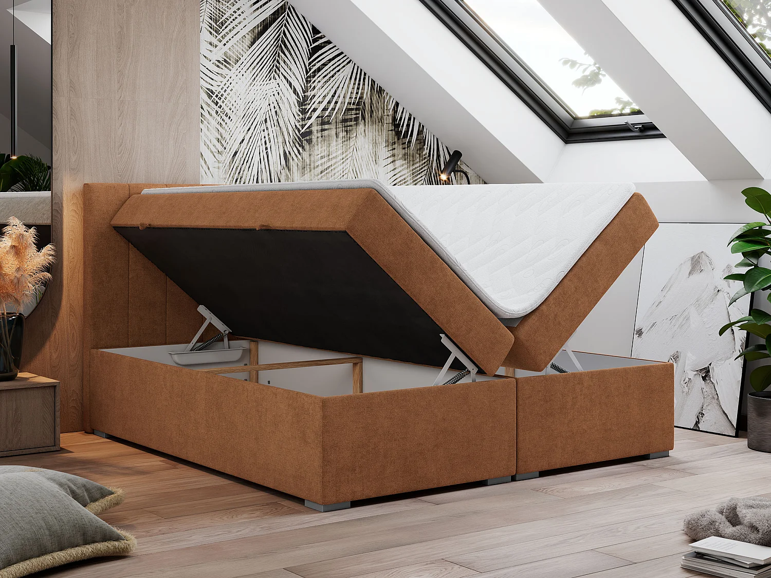 Boxspringbett LOPE - genähtes Kopfteil, Doppelbett mit Stauraum, Multipocket-Matratze, Topper - 120x200 cm - H4 - Orange Strukture