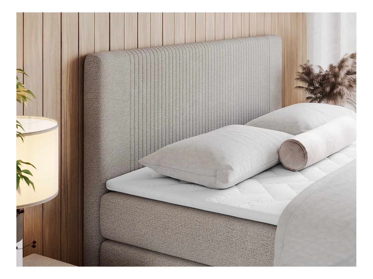 Boxspringbett DOREN KING - mit gesteppter Front und Kopfteil, zwei Multipocket-Matratzen und Topper, Doppelbett - 160x200 cm - H4 - Beige Strukture